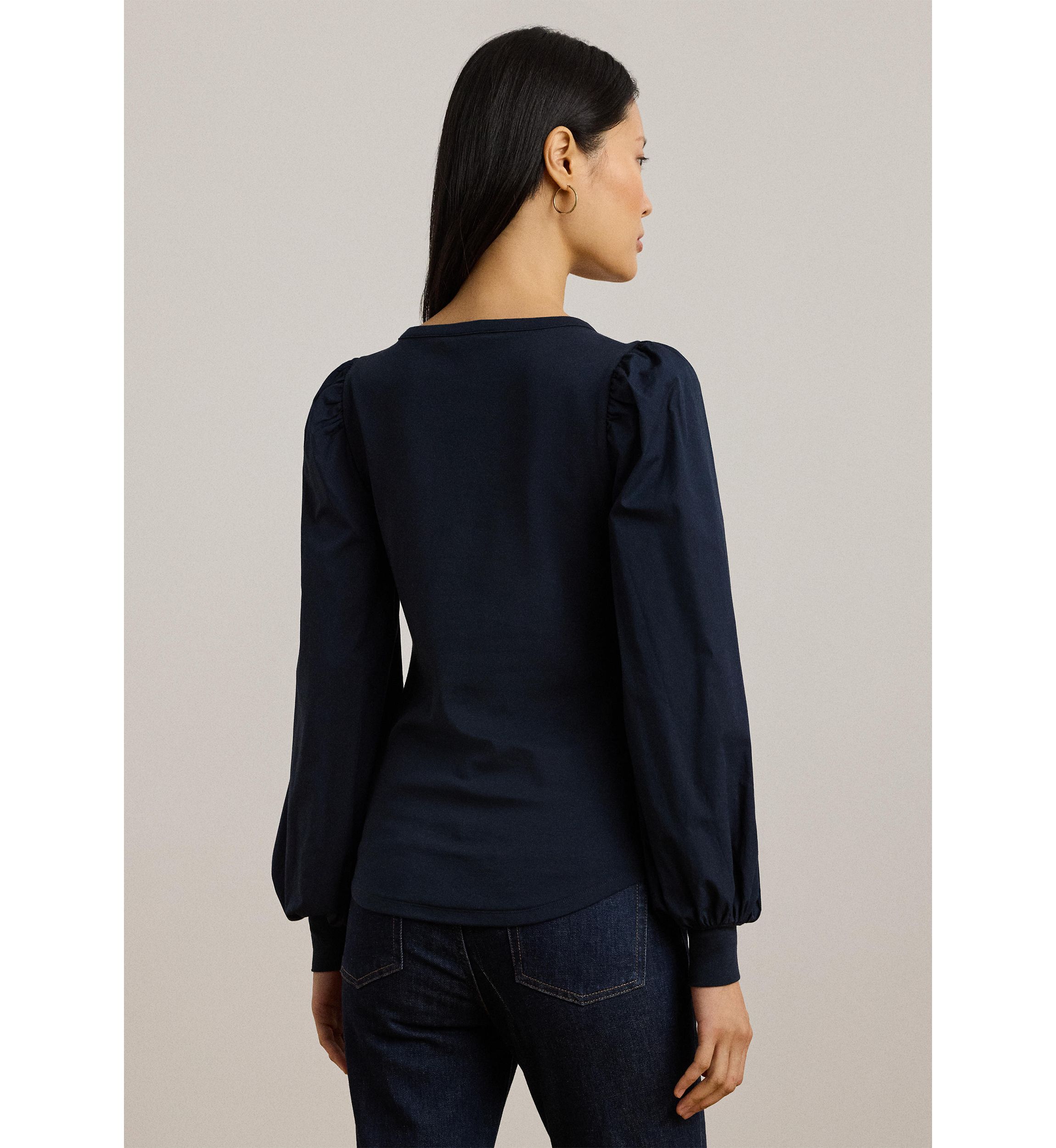 Womens Stretch Cotton Puff-Sleeve Henley Top