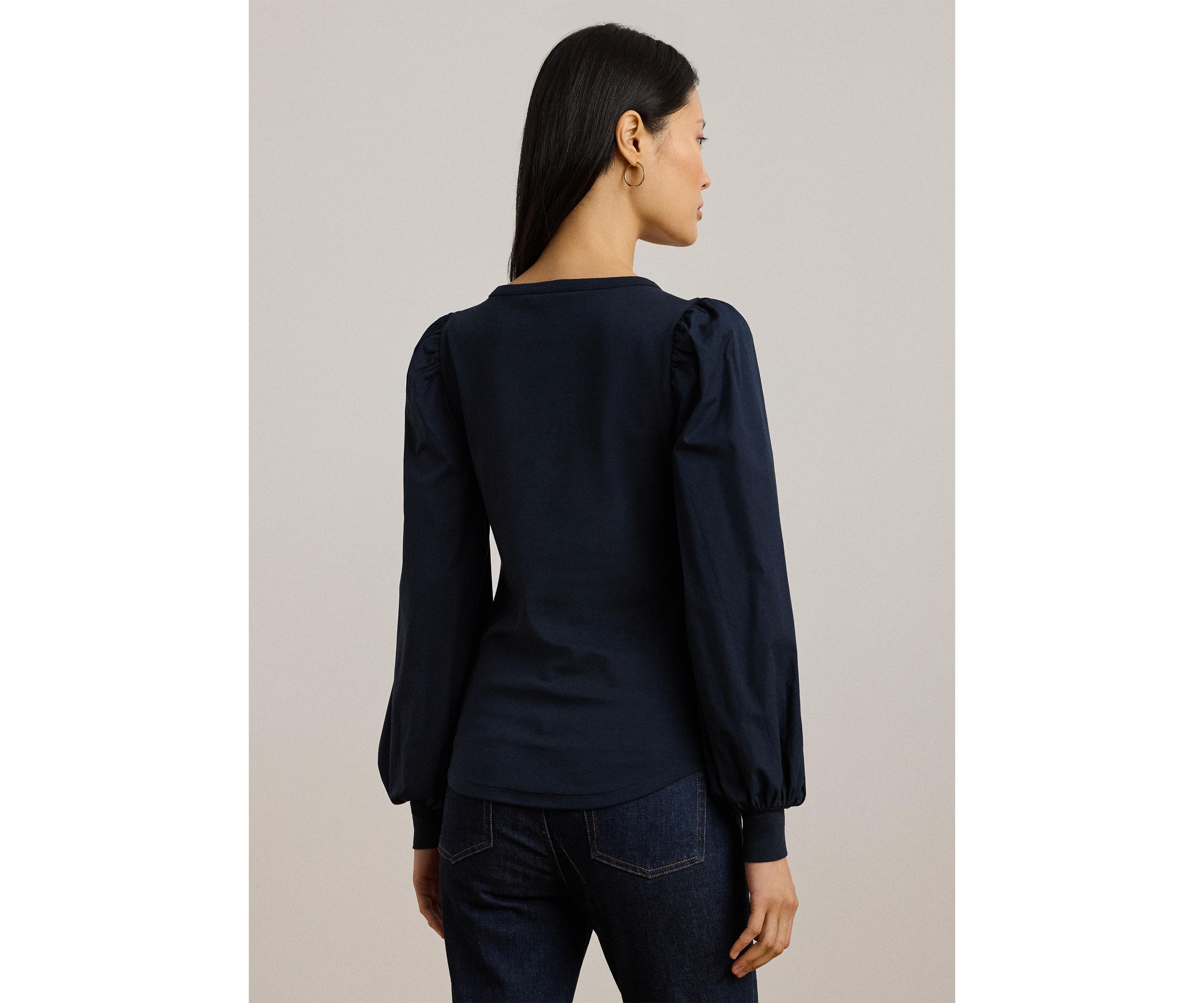 Womens Stretch Cotton Puff-Sleeve Henley Top