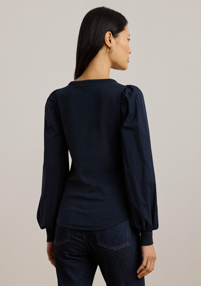 Womens Stretch Cotton Puff-Sleeve Henley Top