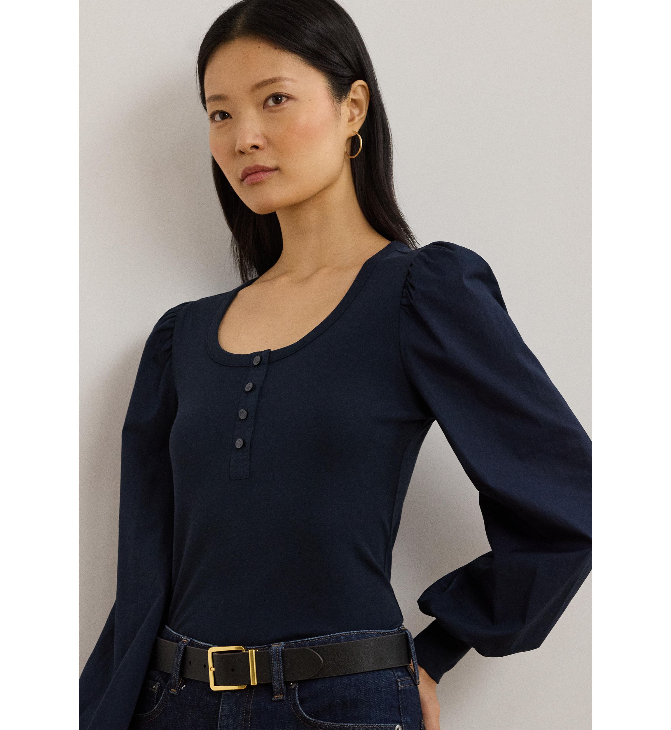 Womens Stretch Cotton Puff-Sleeve Henley Top
