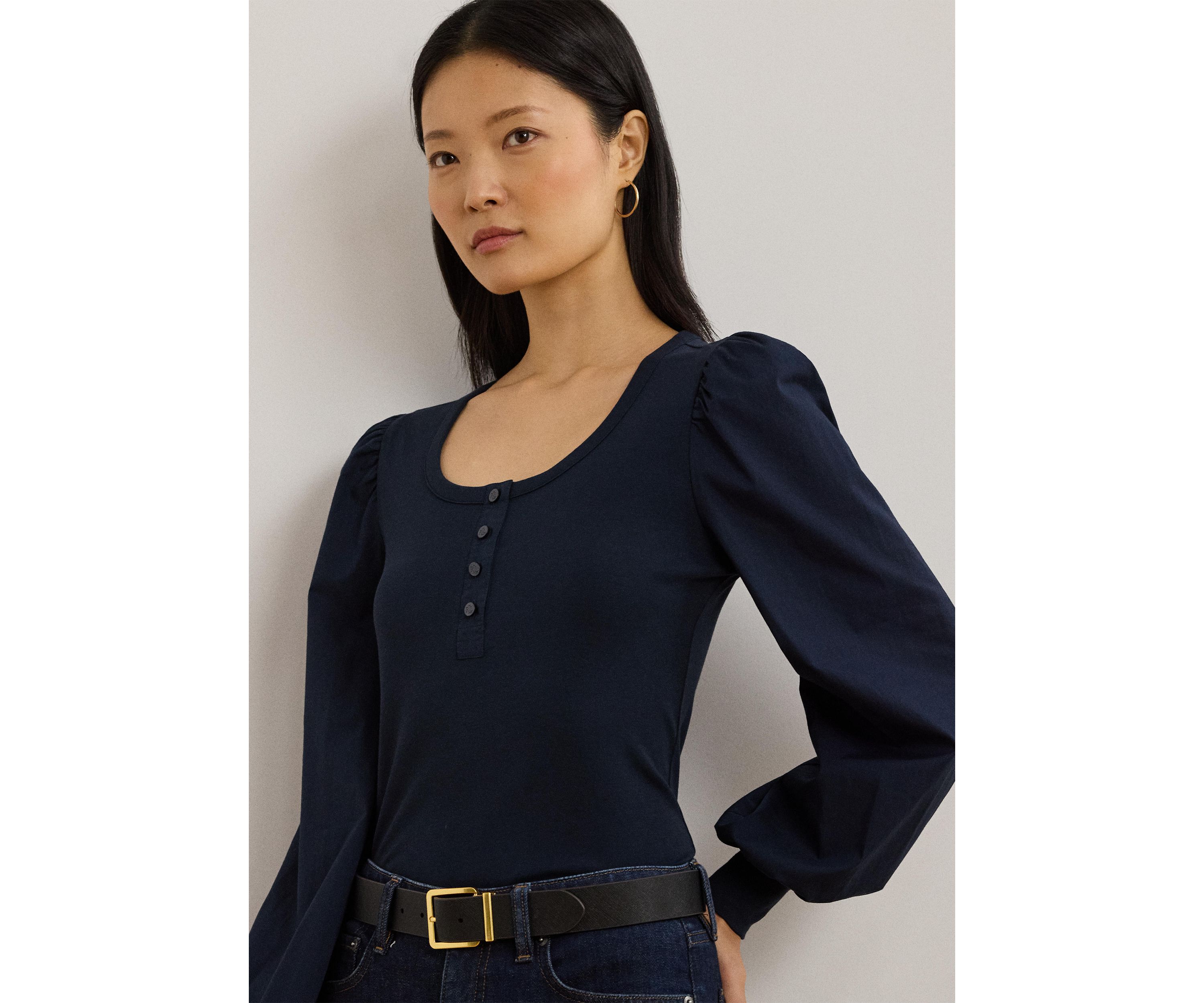 Womens Stretch Cotton Puff-Sleeve Henley Top