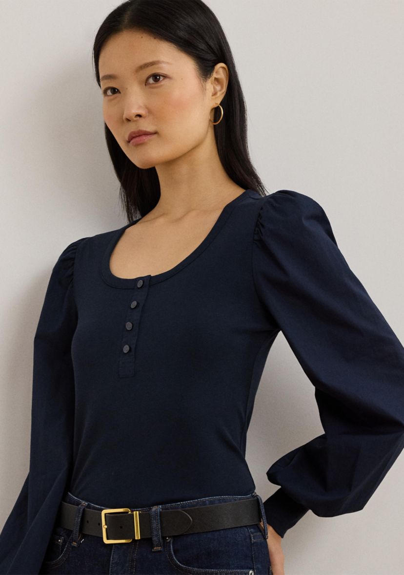 Womens Stretch Cotton Puff-Sleeve Henley Top