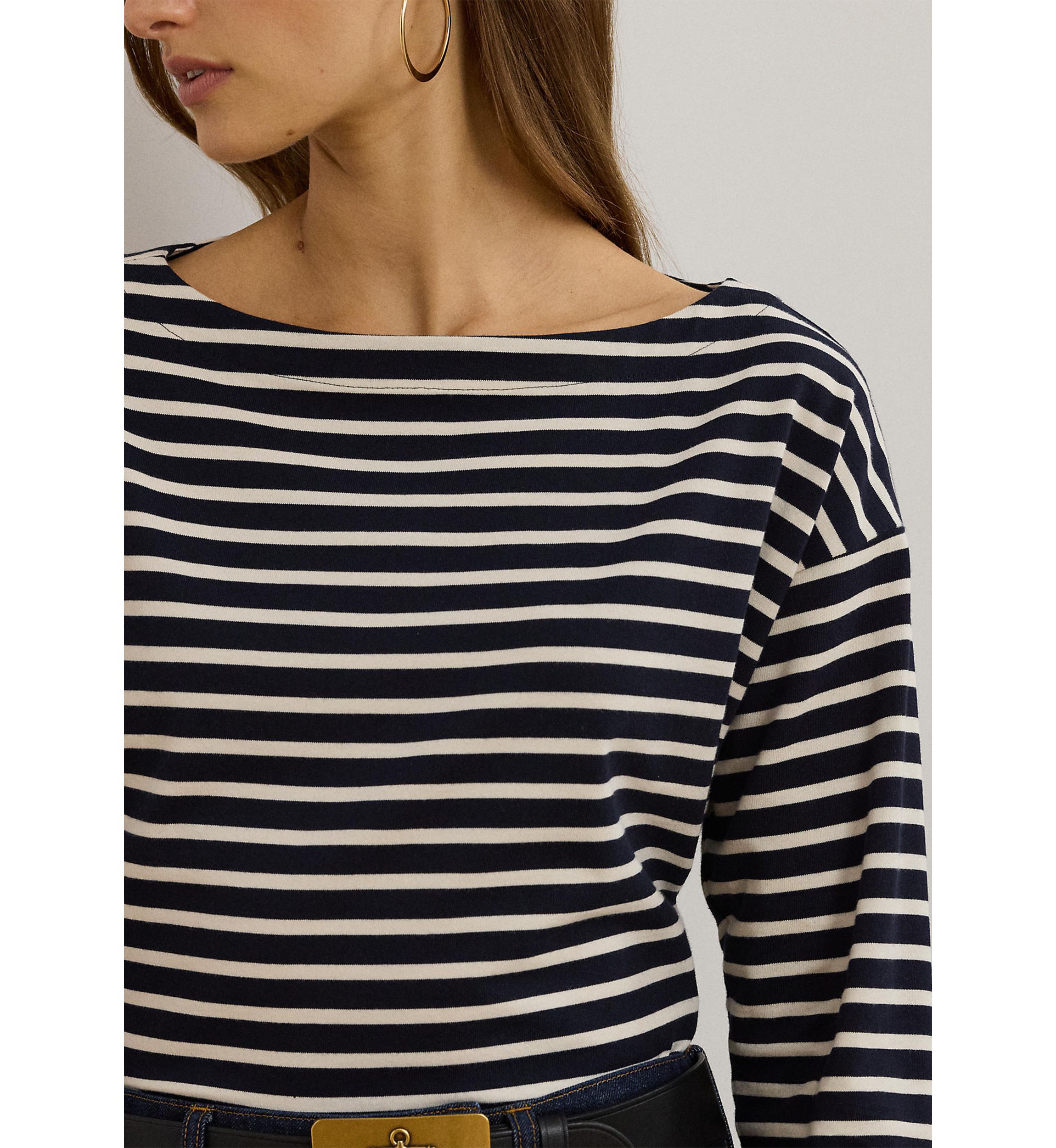Striped Cotton Jersey Boat Neck Top
