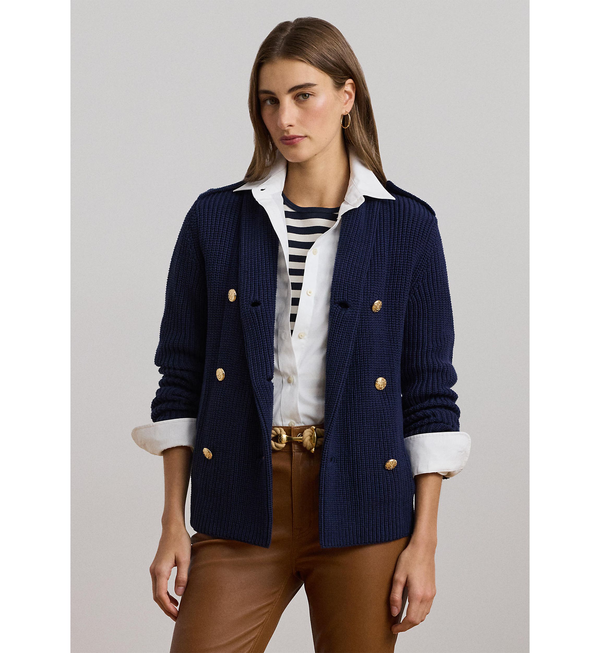 Rib-Knit Double-Breasted Sweater Jacket