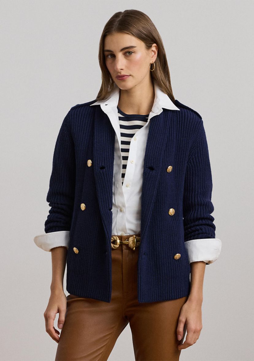 Rib-Knit Double-Breasted Sweater Jacket