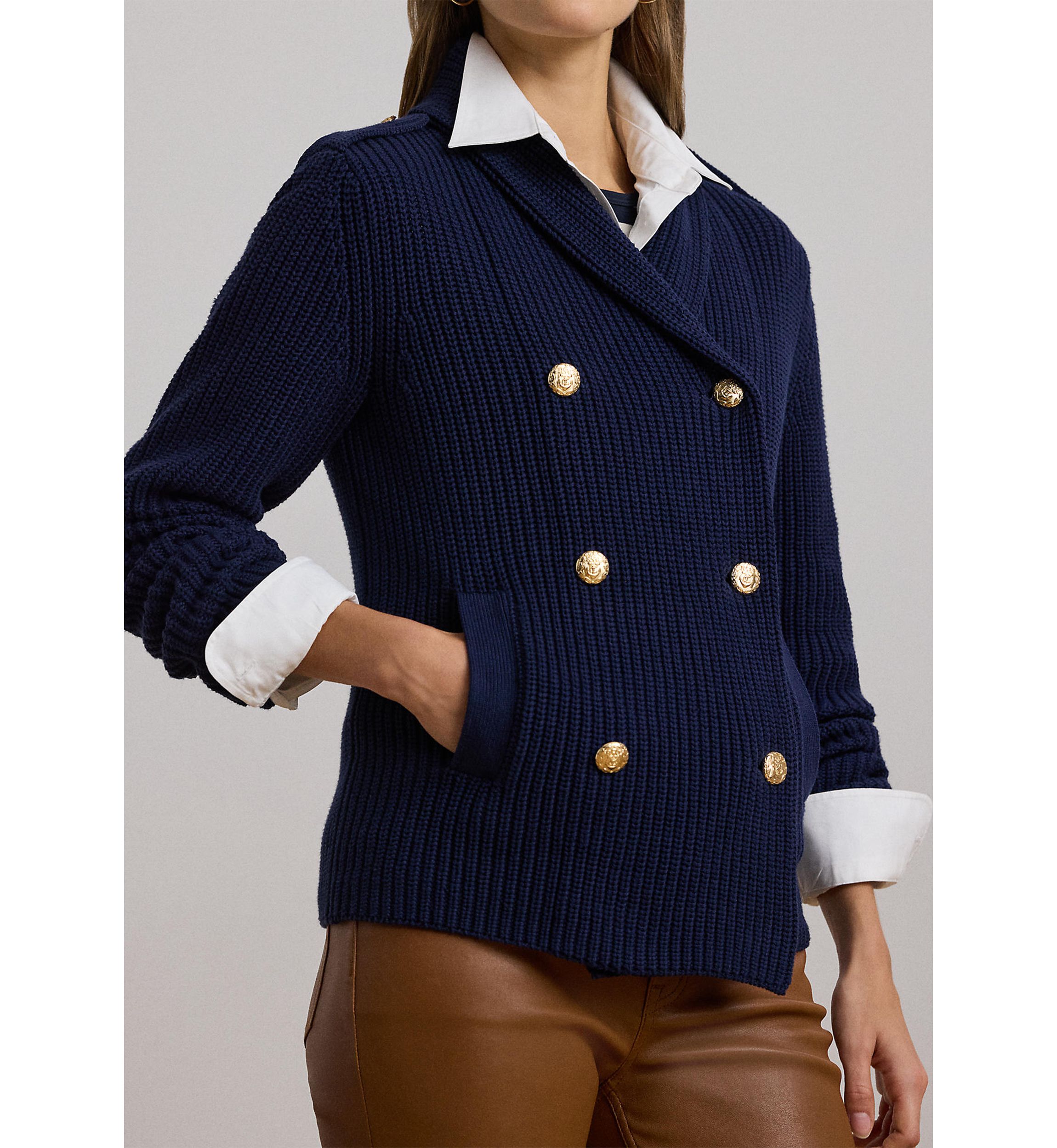 Rib-Knit Double-Breasted Sweater Jacket