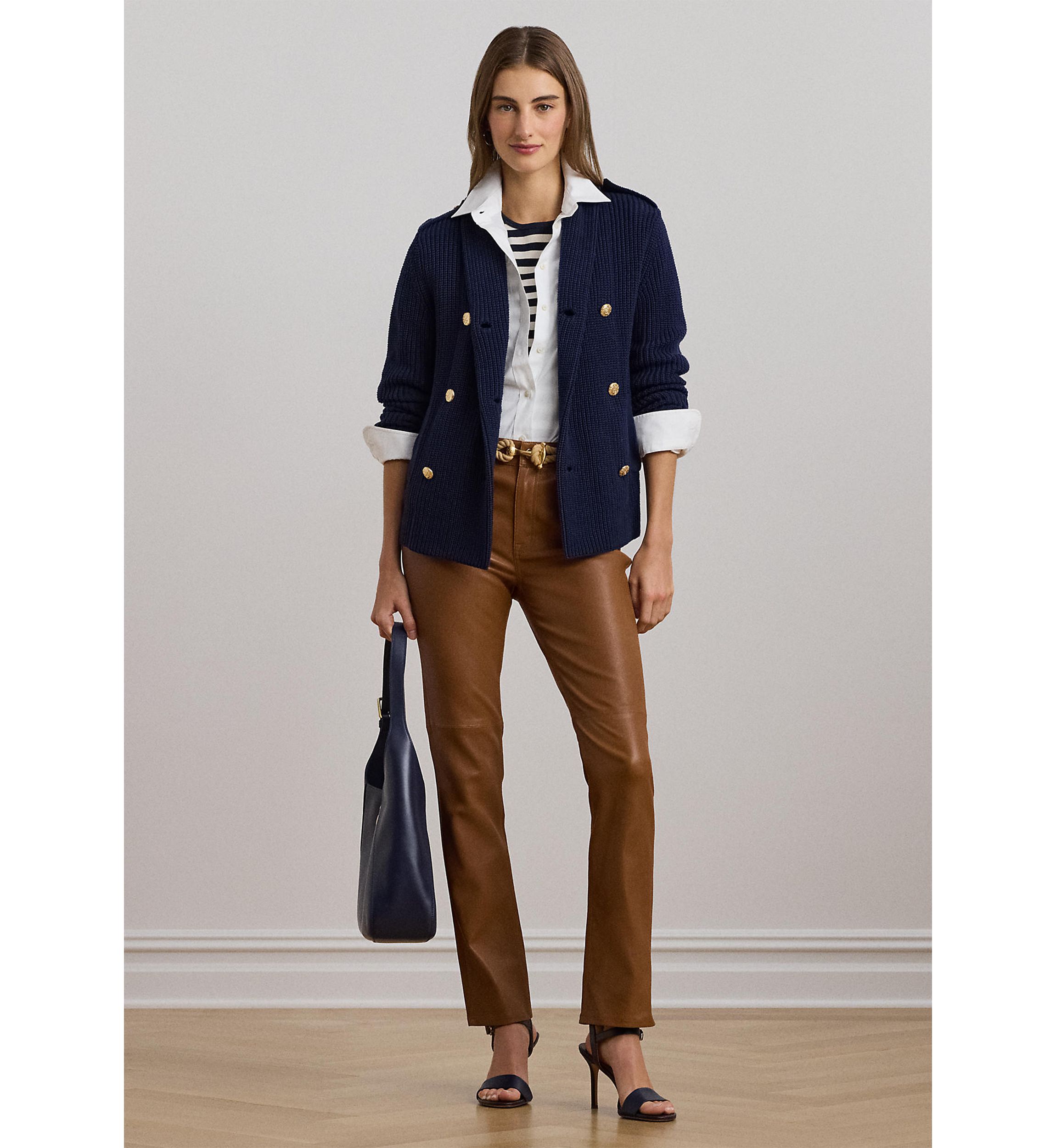 Rib-Knit Double-Breasted Sweater Jacket