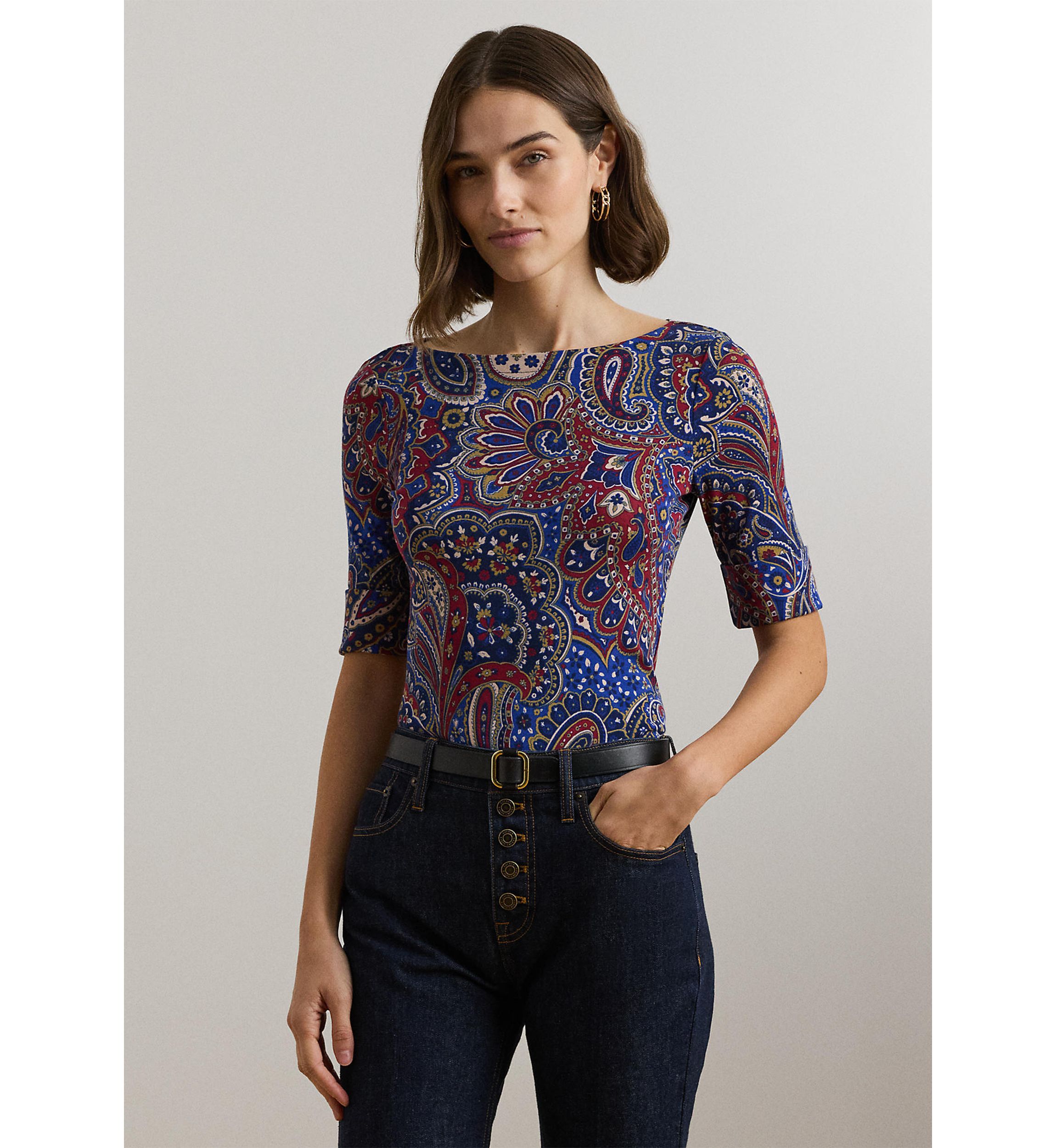 Paisley Stretch Cotton Boat Neck T-Shirt
