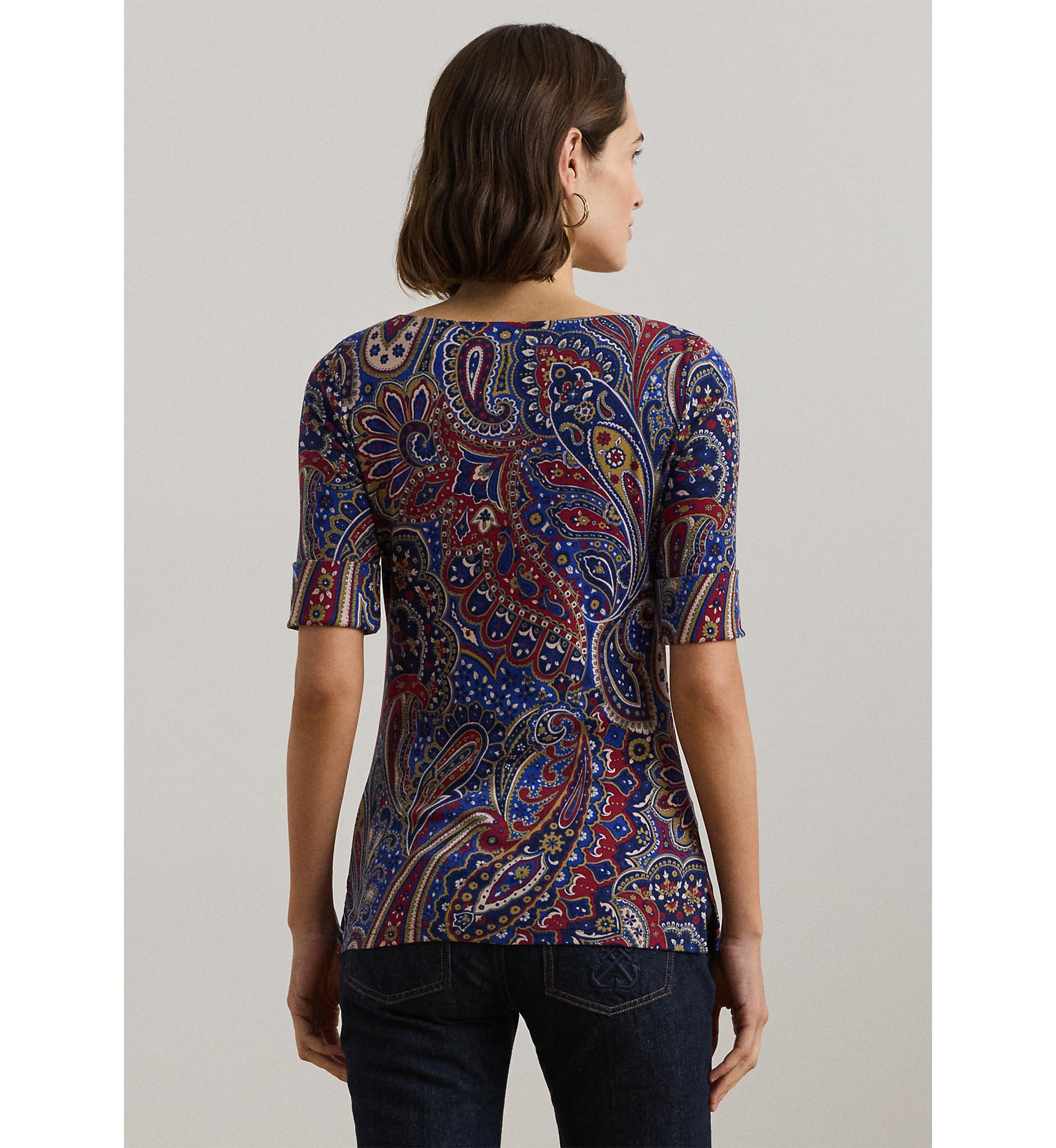 Paisley Stretch Cotton Boat Neck T-Shirt