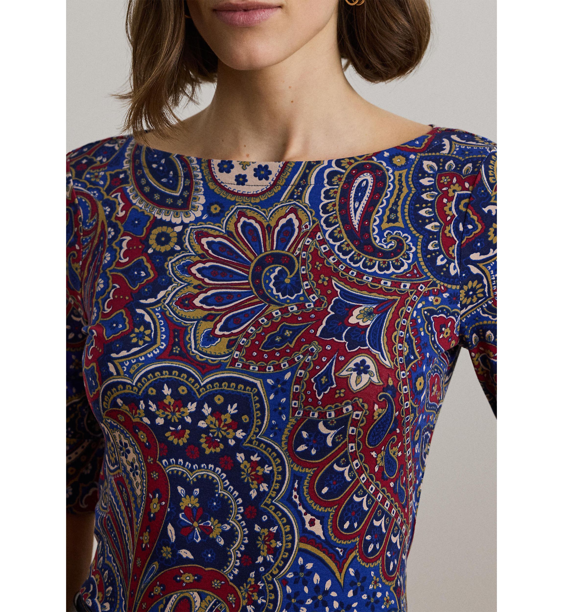 Paisley Stretch Cotton Boat Neck T-Shirt
