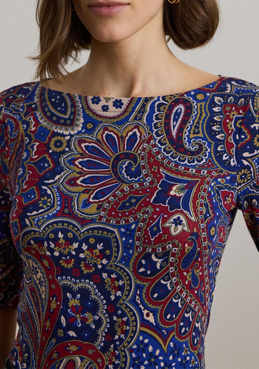 Paisley Stretch Cotton Boat Neck T-Shirt
