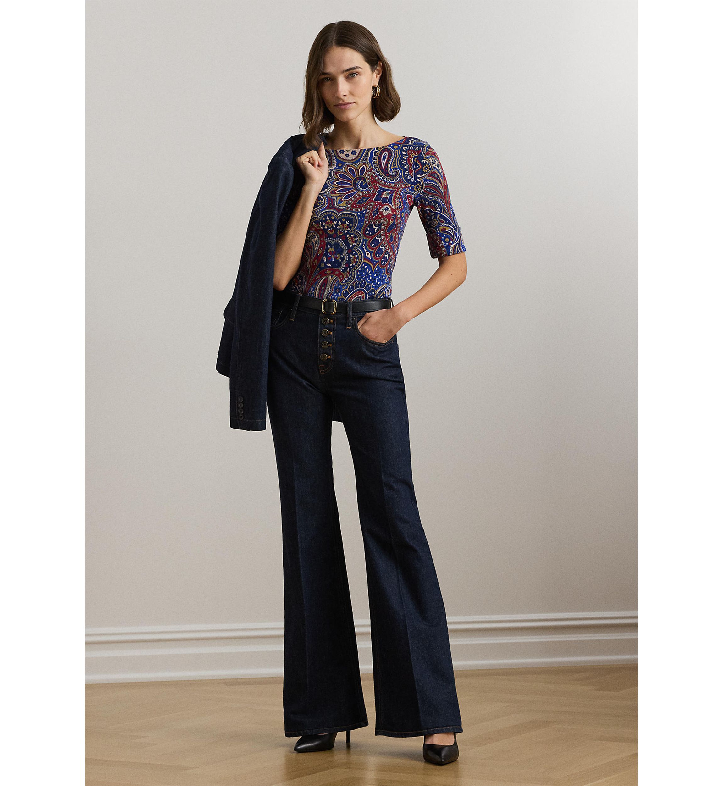Paisley Stretch Cotton Boat Neck T-Shirt