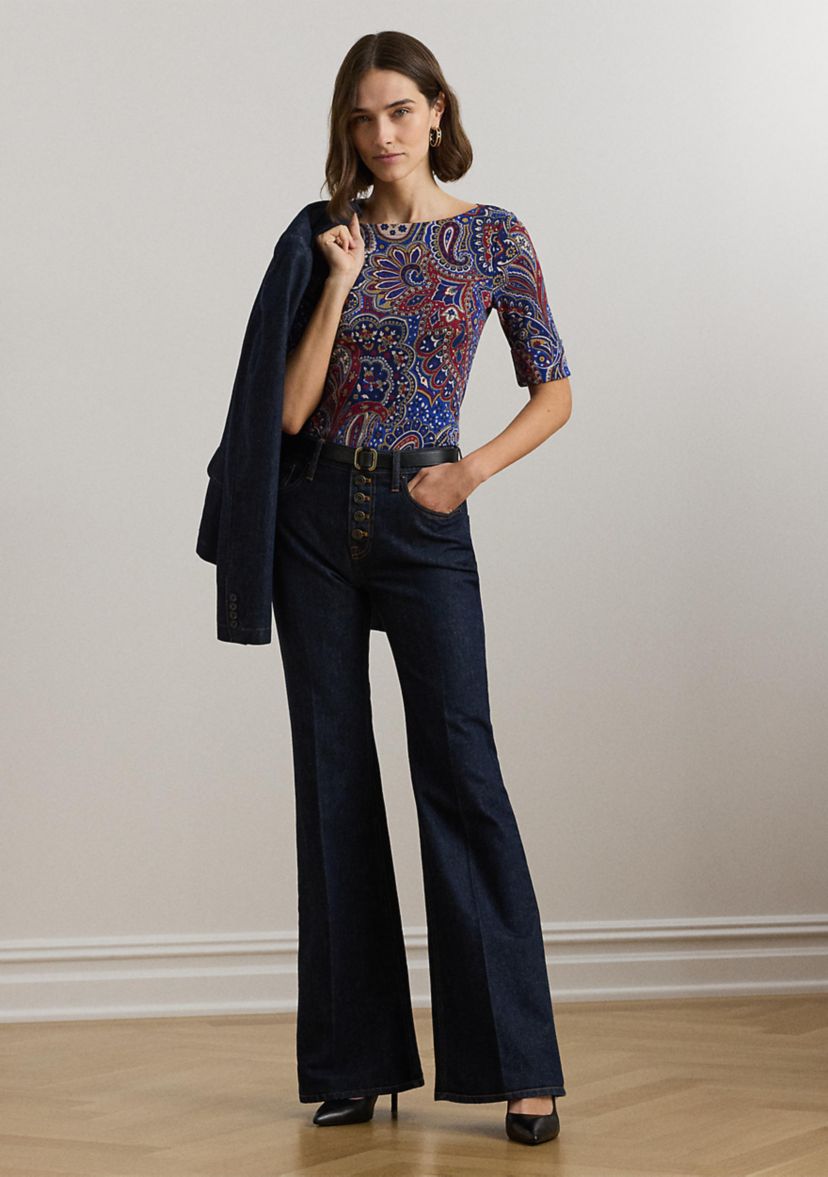 Paisley Stretch Cotton Boat Neck T-Shirt