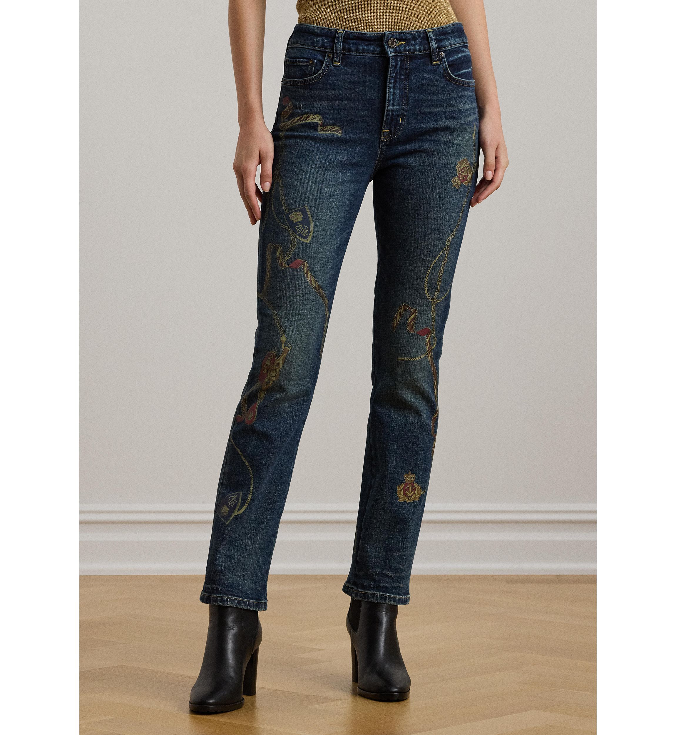 Print High Rise Straight Ankle Jeans