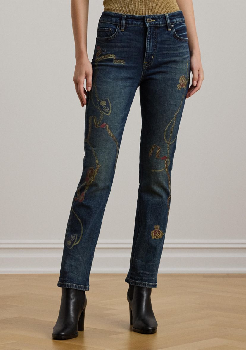 Print High Rise Straight Ankle Jeans