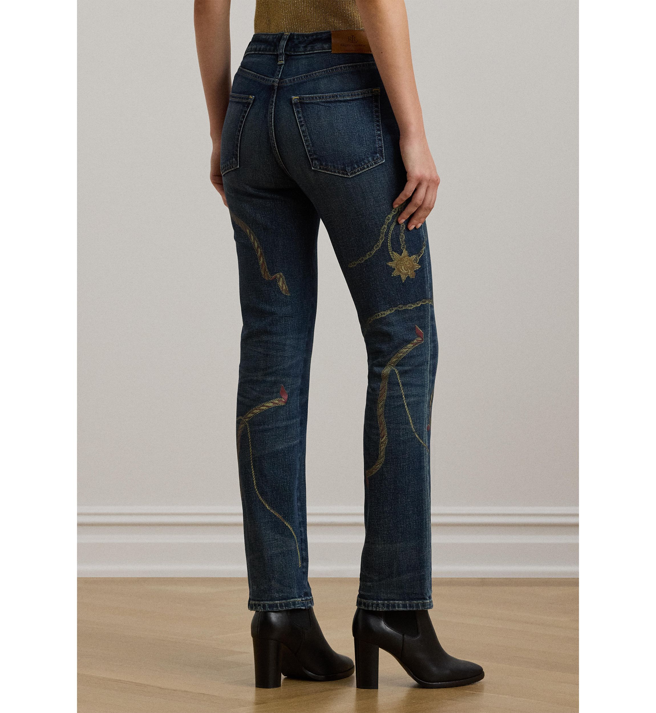 Print High Rise Straight Ankle Jeans