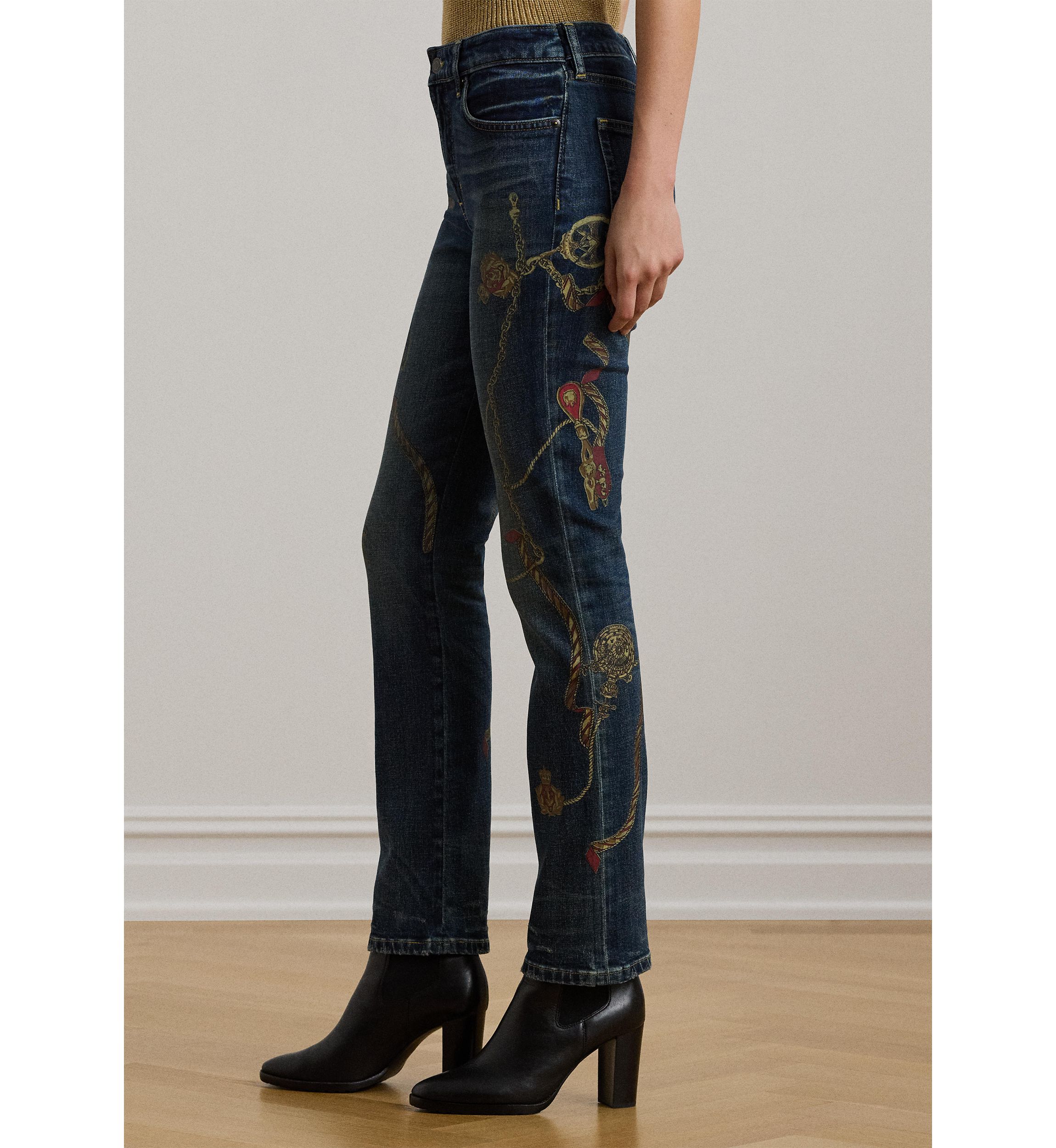 Print High Rise Straight Ankle Jeans