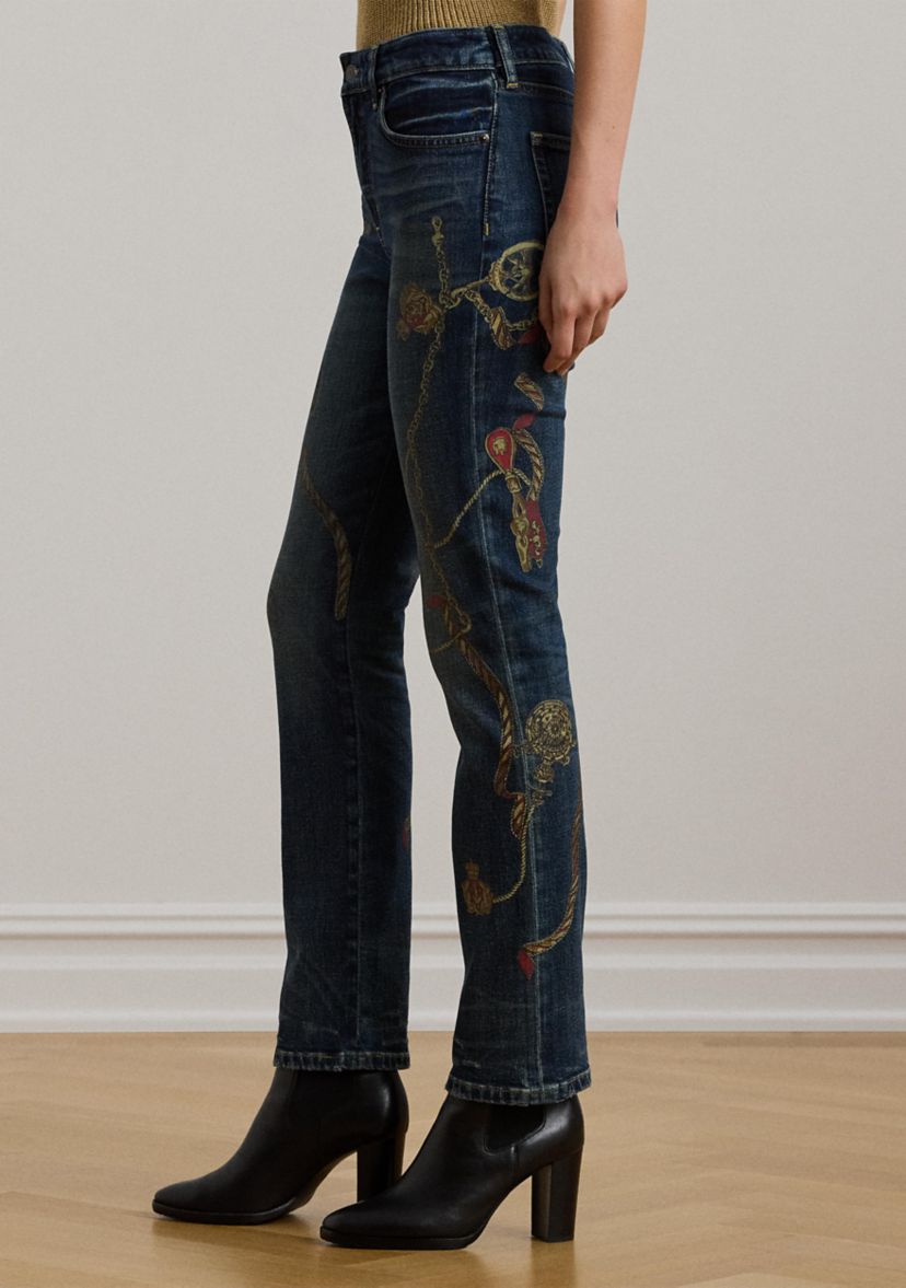 Print High Rise Straight Ankle Jeans