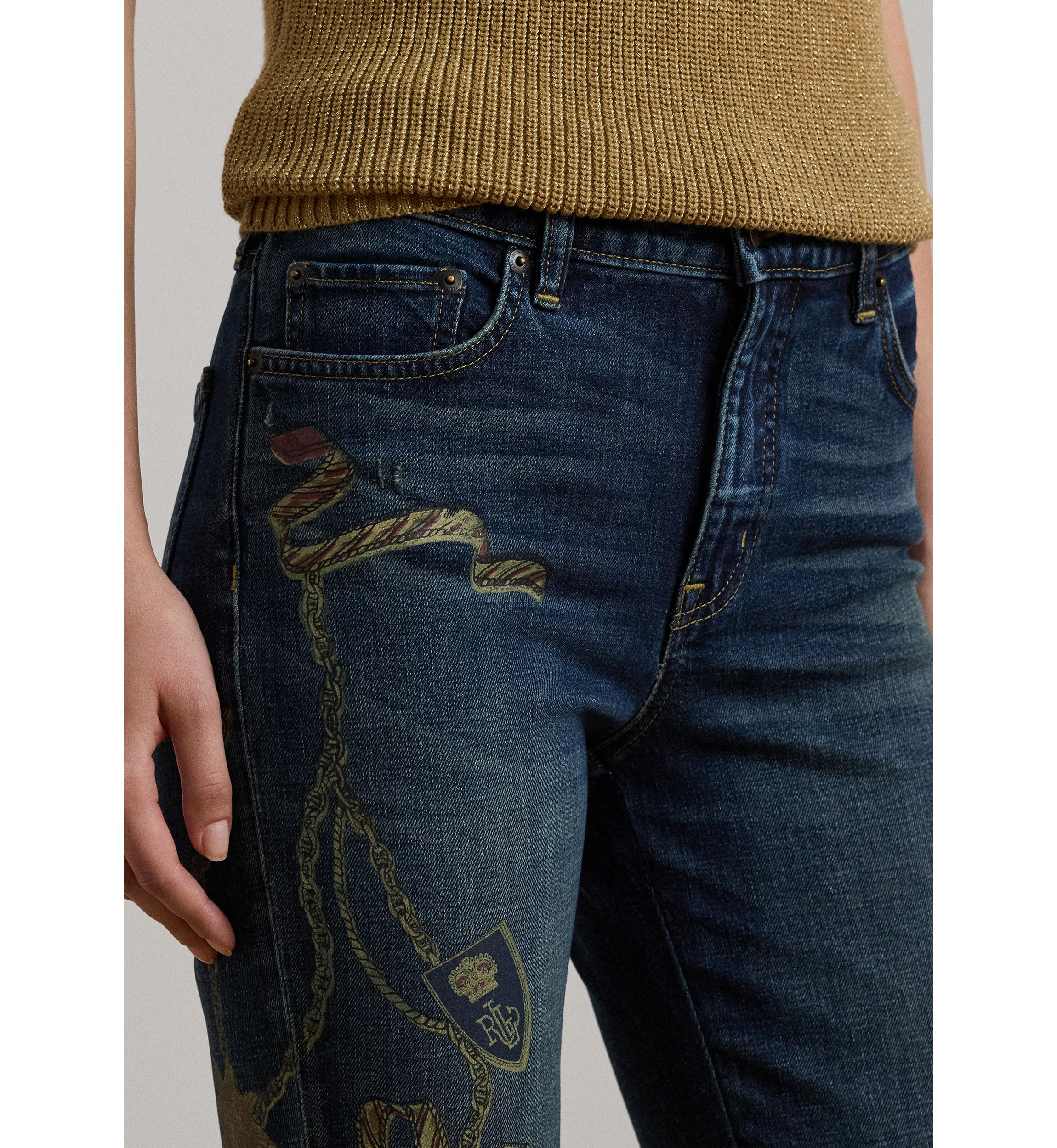 Print High Rise Straight Ankle Jeans