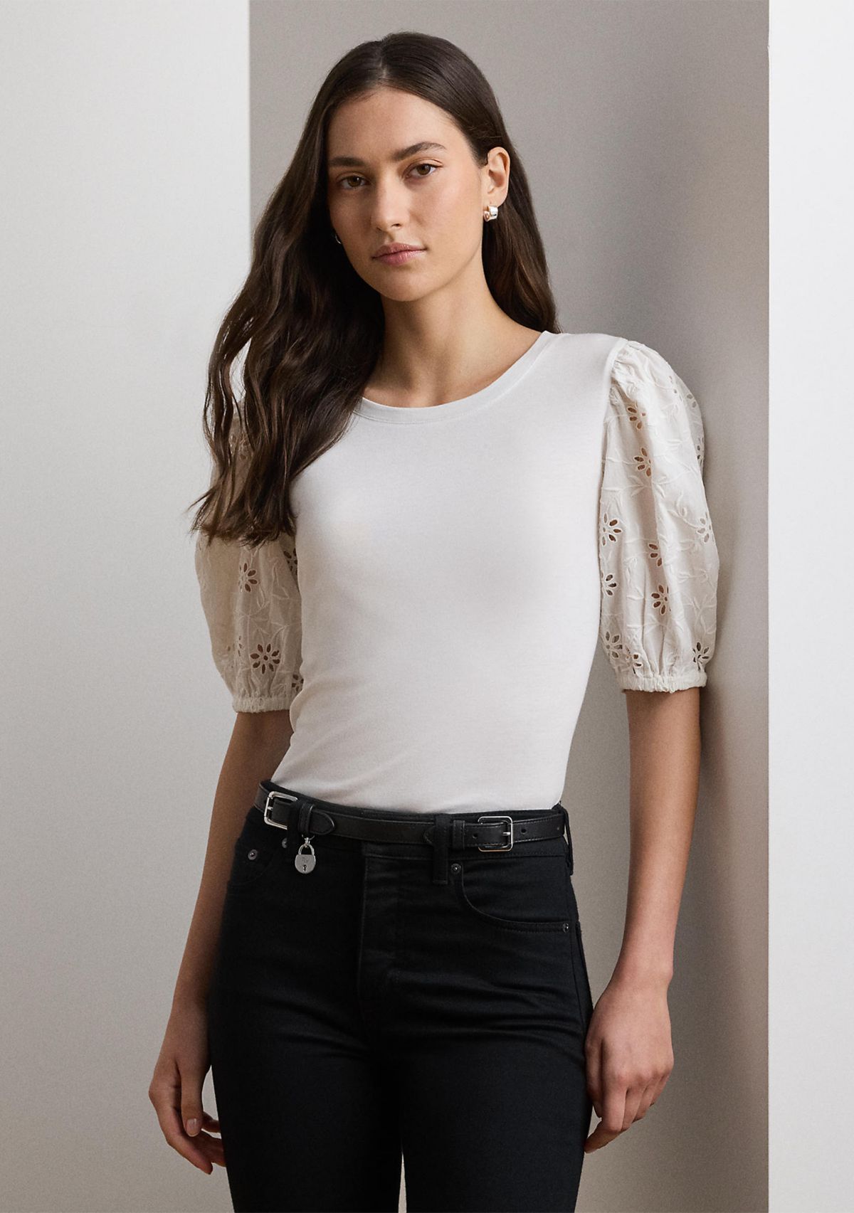Eyelet Jersey Puff-Sleeve T-Shirt
