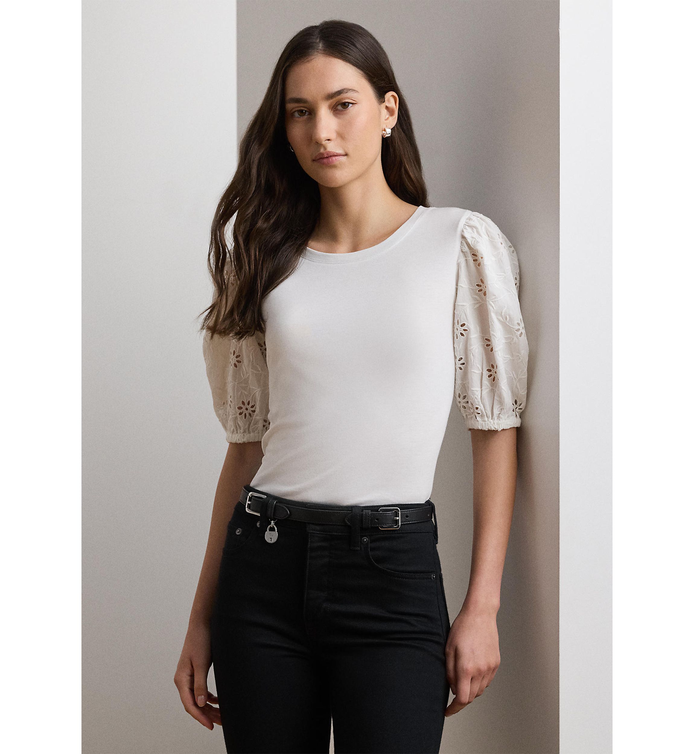 Eyelet Jersey Puff-Sleeve T-Shirt