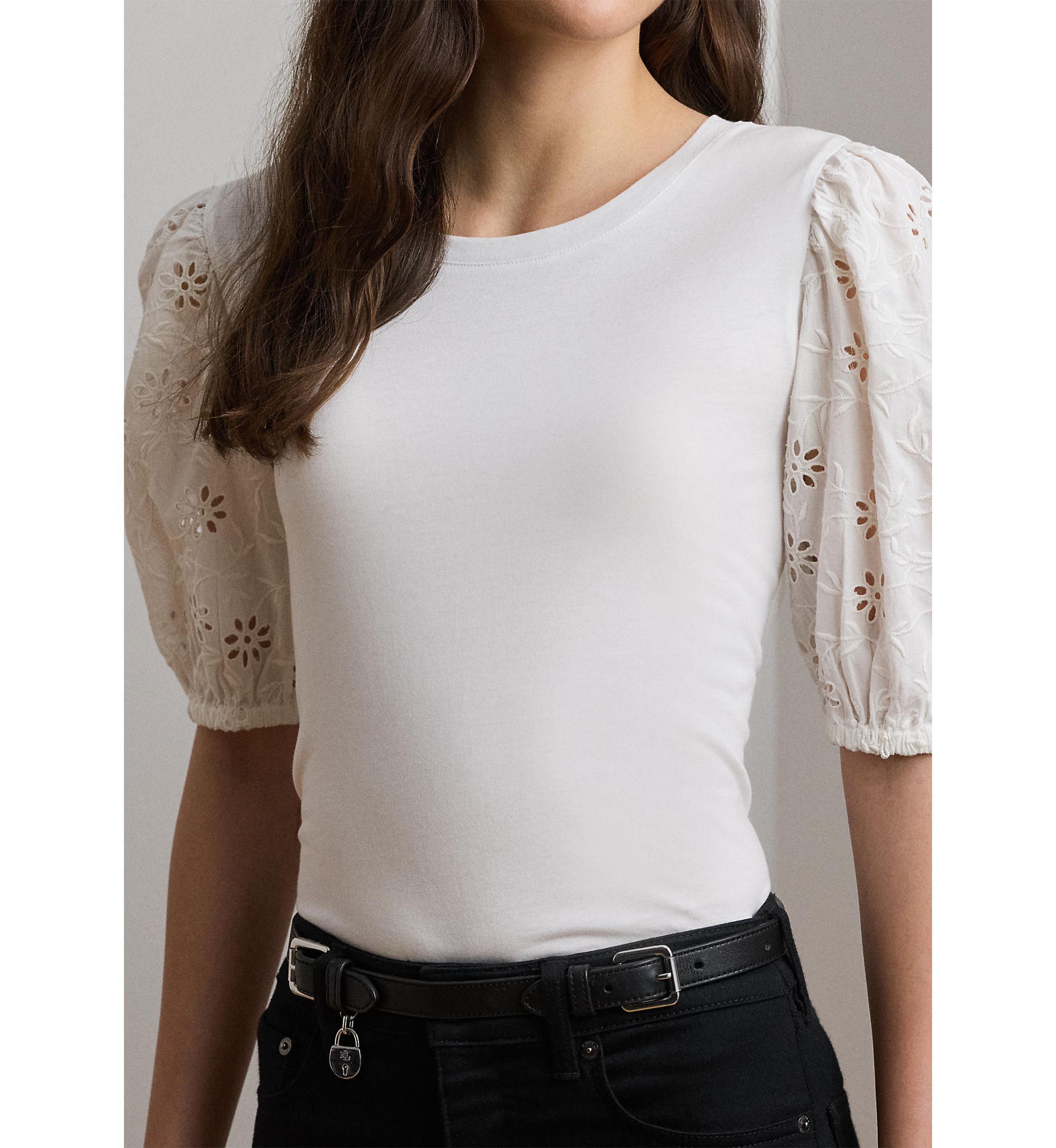 Eyelet Jersey Puff-Sleeve T-Shirt