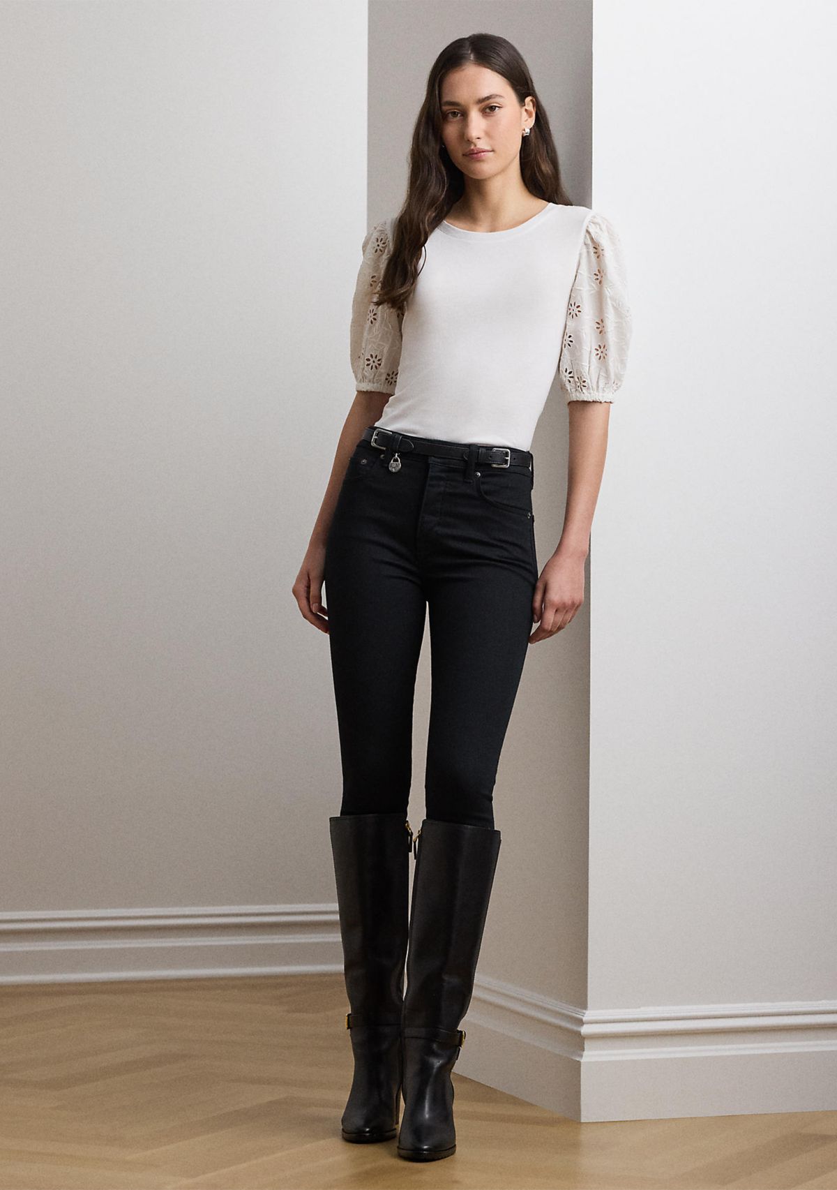 Eyelet Jersey Puff-Sleeve T-Shirt