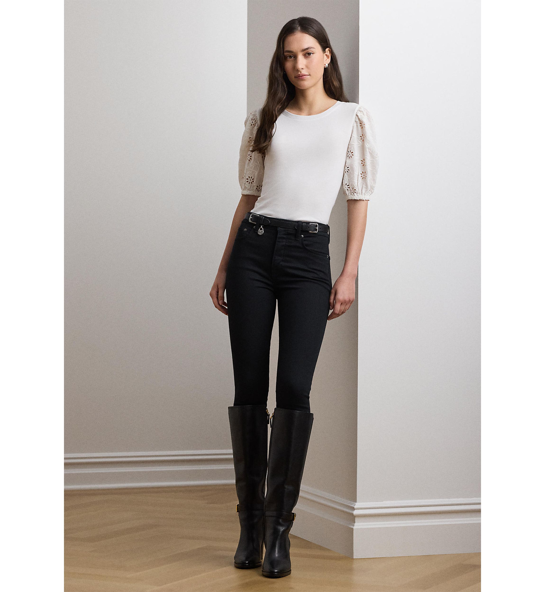 Eyelet Jersey Puff-Sleeve T-Shirt