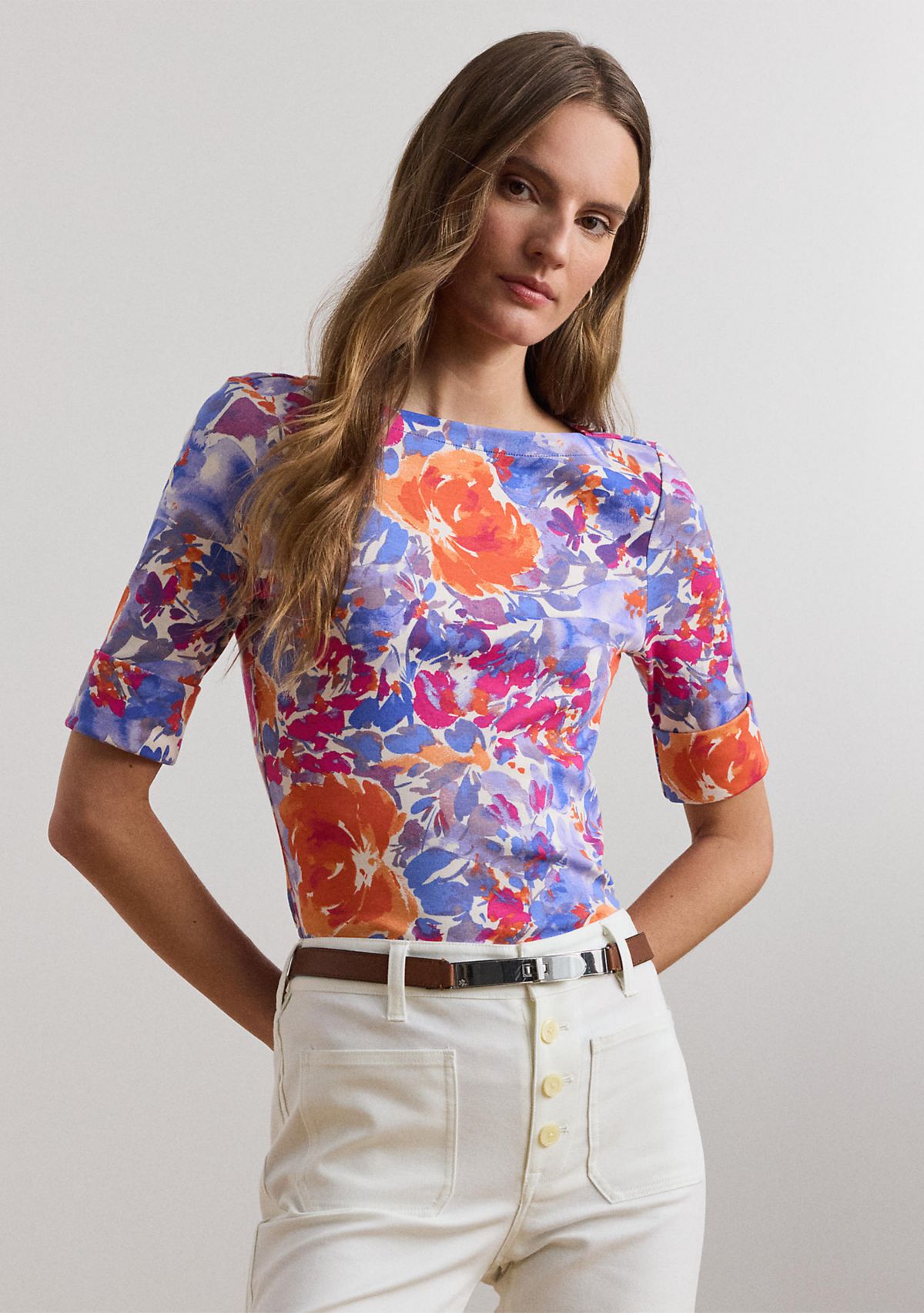 Floral Stretch Cotton Boat Neck T-Shirt