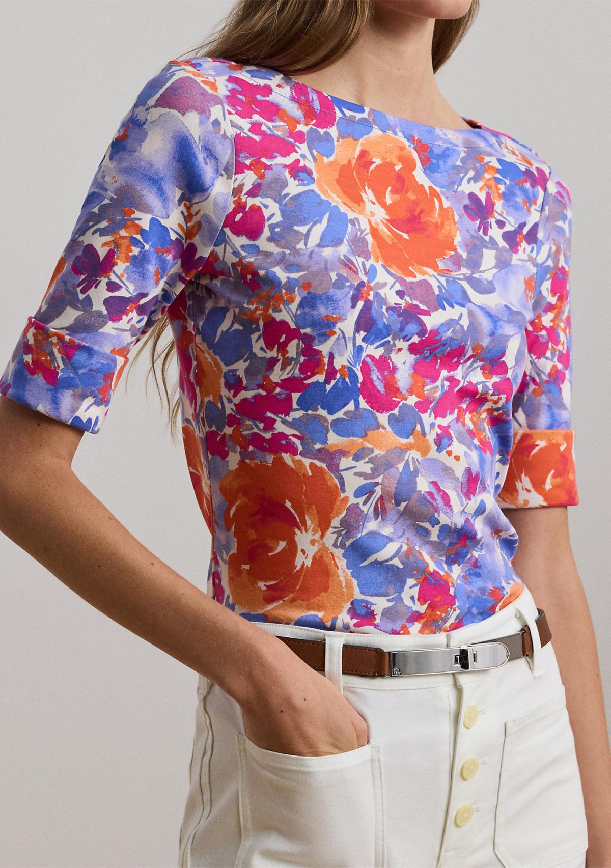 Floral Stretch Cotton Boat Neck T-Shirt