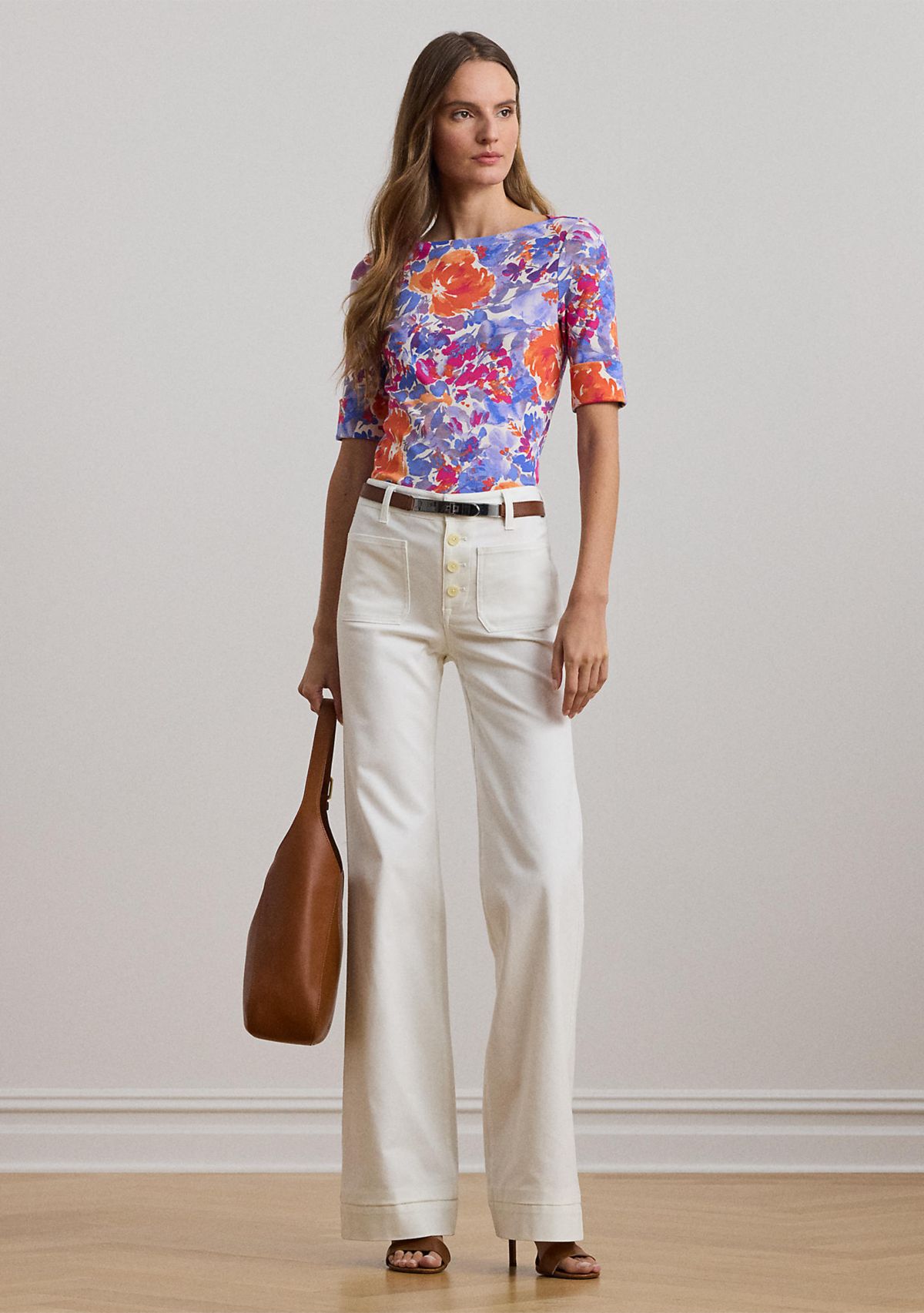 Floral Stretch Cotton Boat Neck T-Shirt