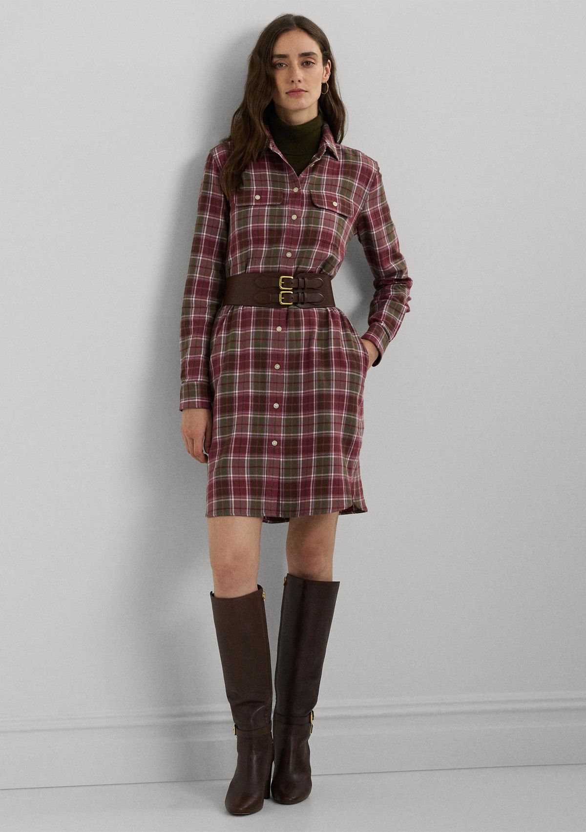 Womens Checked Plaid Belted Cotton Shirtdress