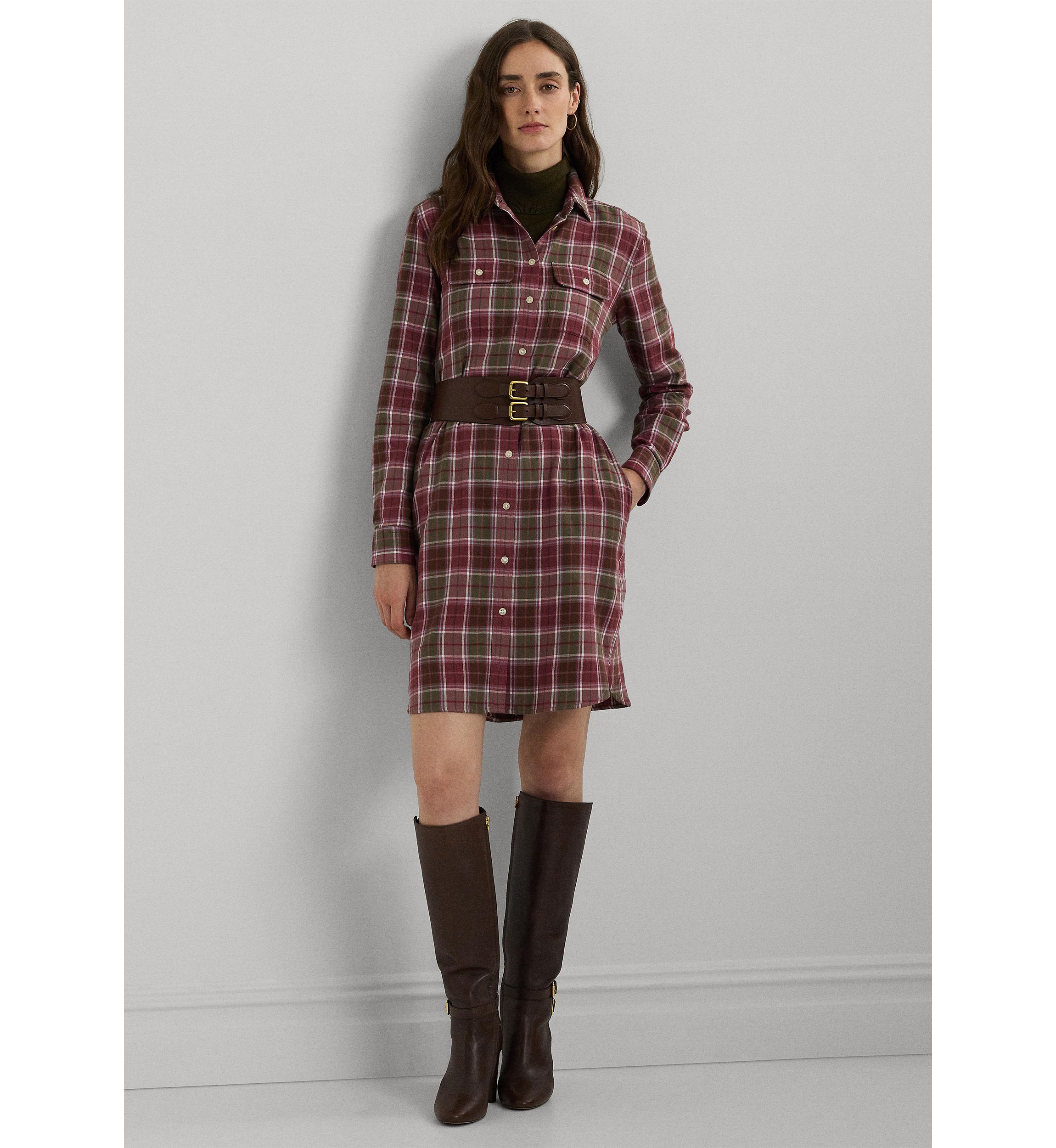 Womens Checked Plaid Belted Cotton Shirtdress