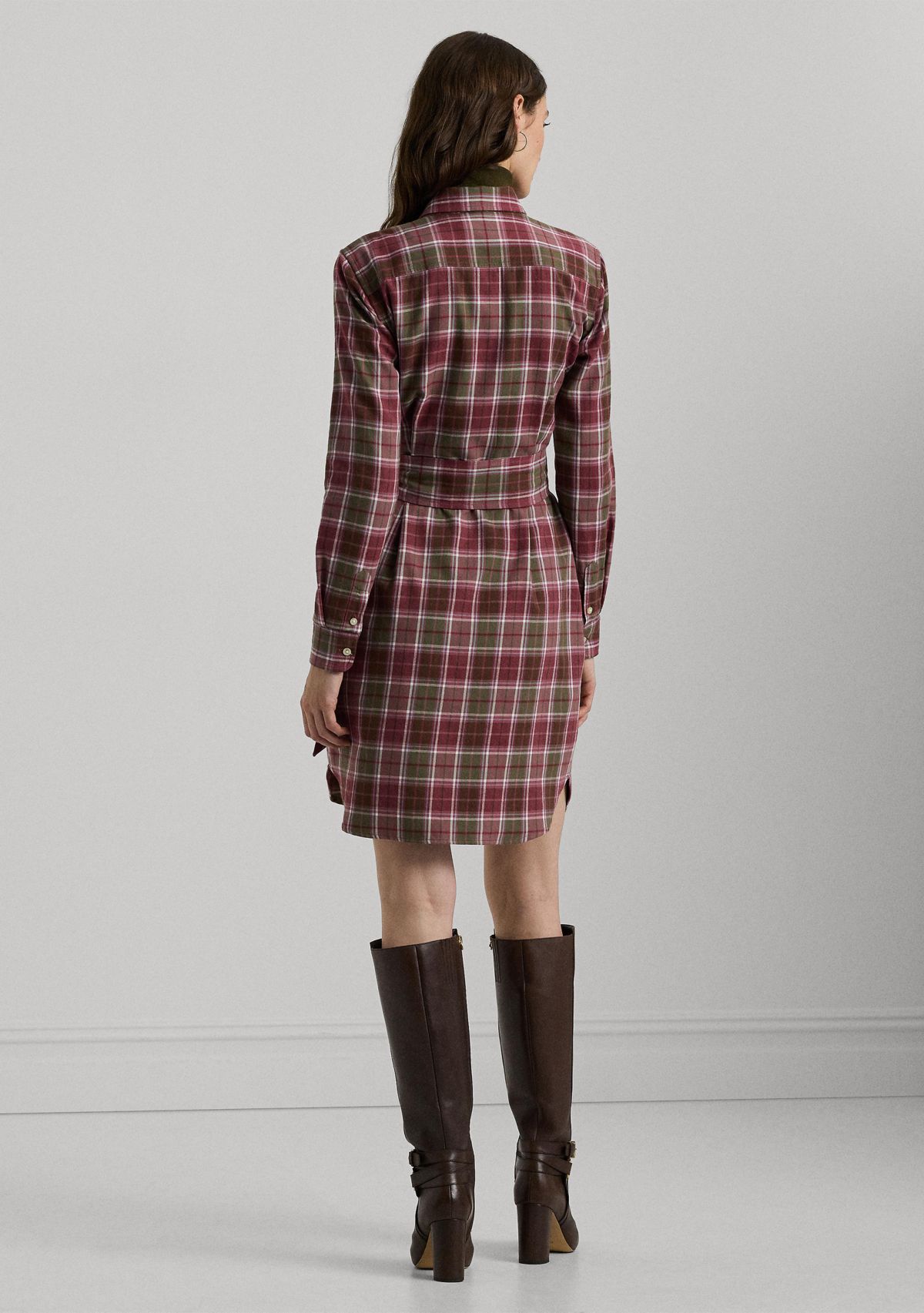 Womens Checked Plaid Belted Cotton Shirtdress