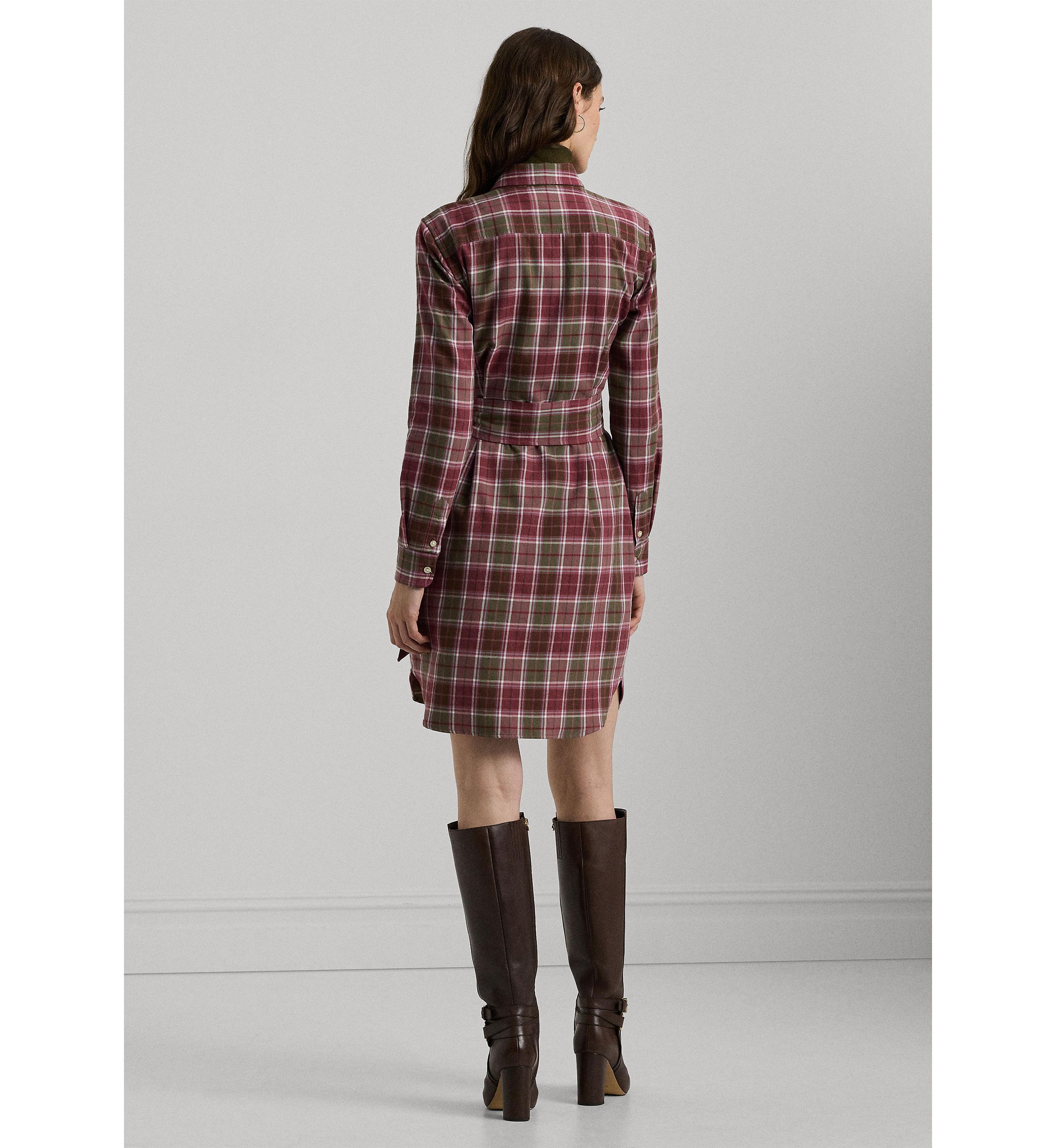 Womens Checked Plaid Belted Cotton Shirtdress