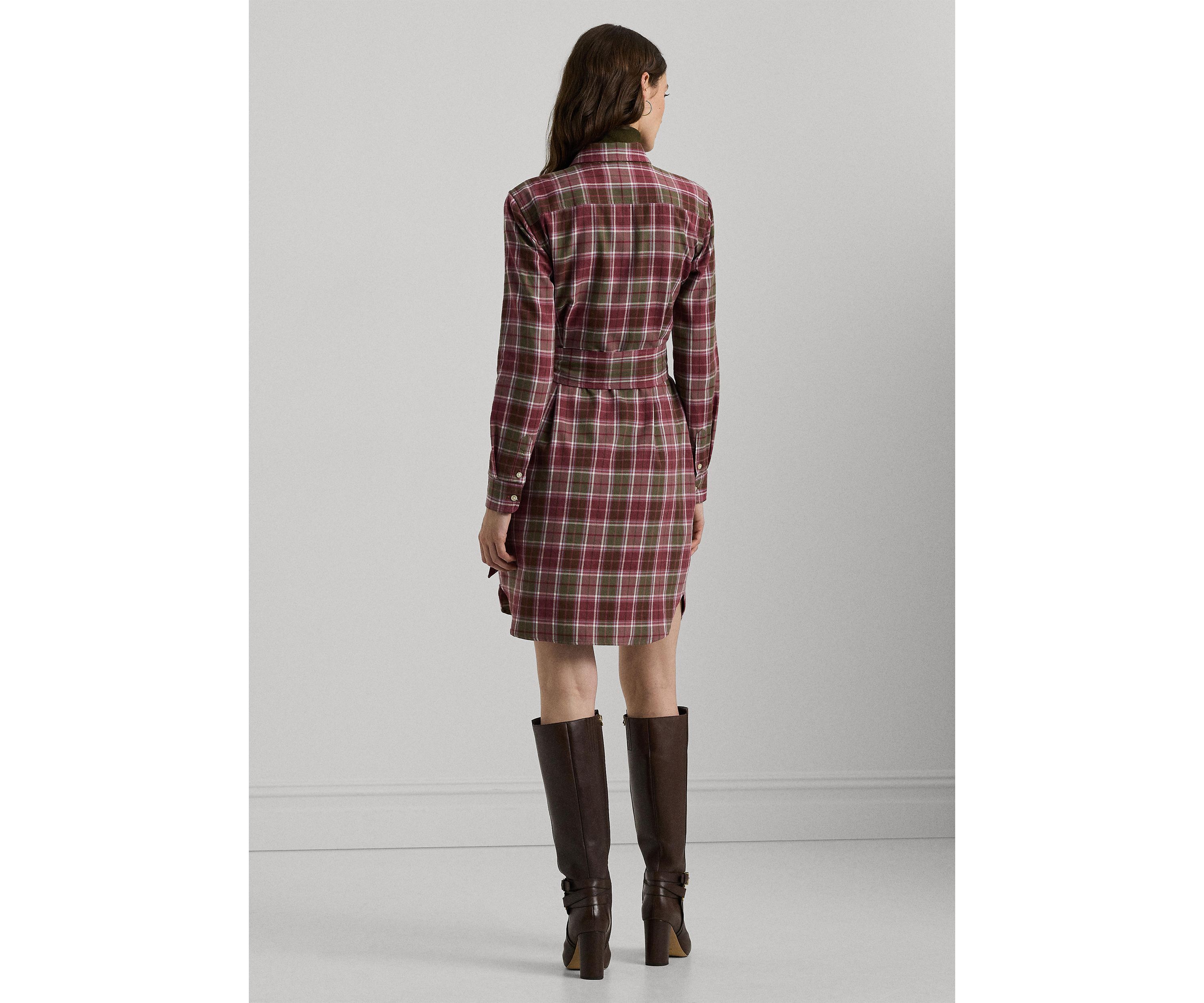 Womens Checked Plaid Belted Cotton Shirtdress