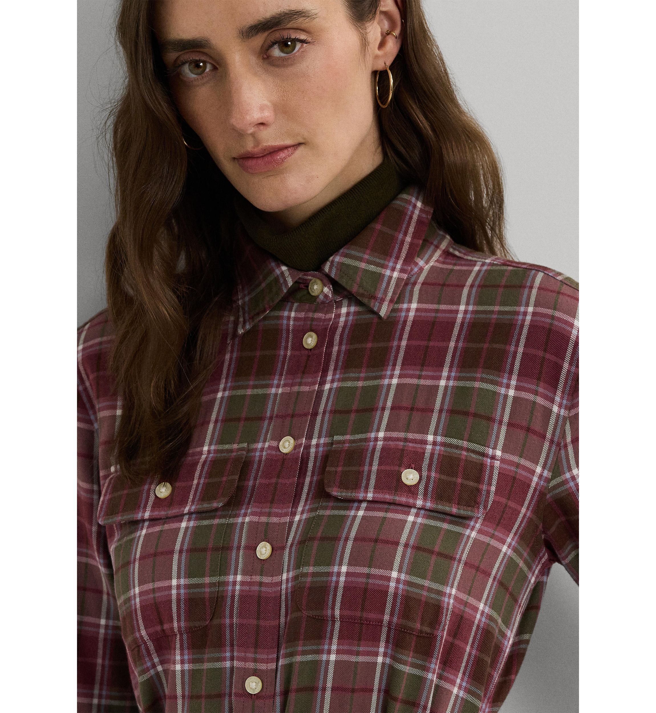 Womens Checked Plaid Belted Cotton Shirtdress