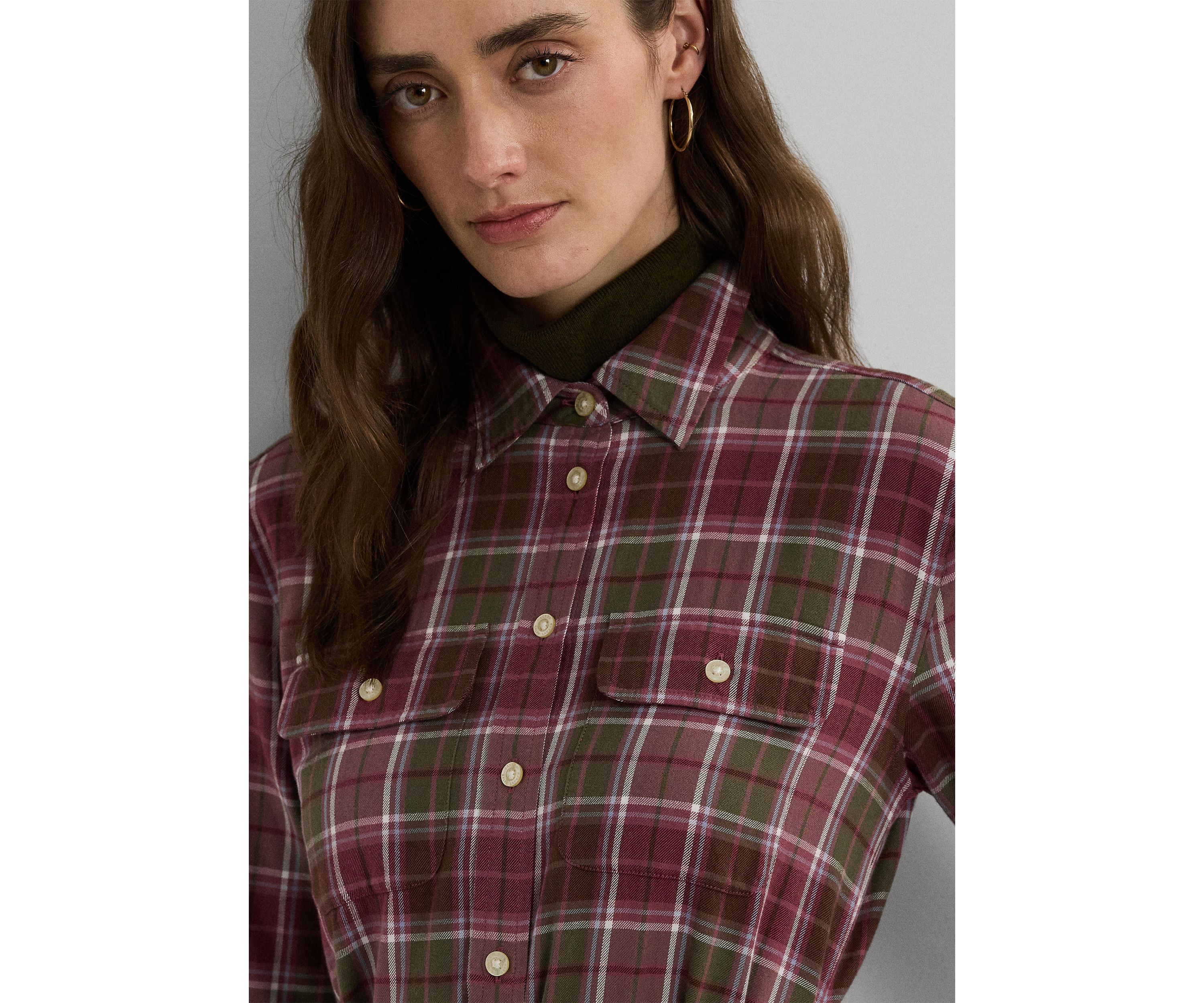 Womens Checked Plaid Belted Cotton Shirtdress