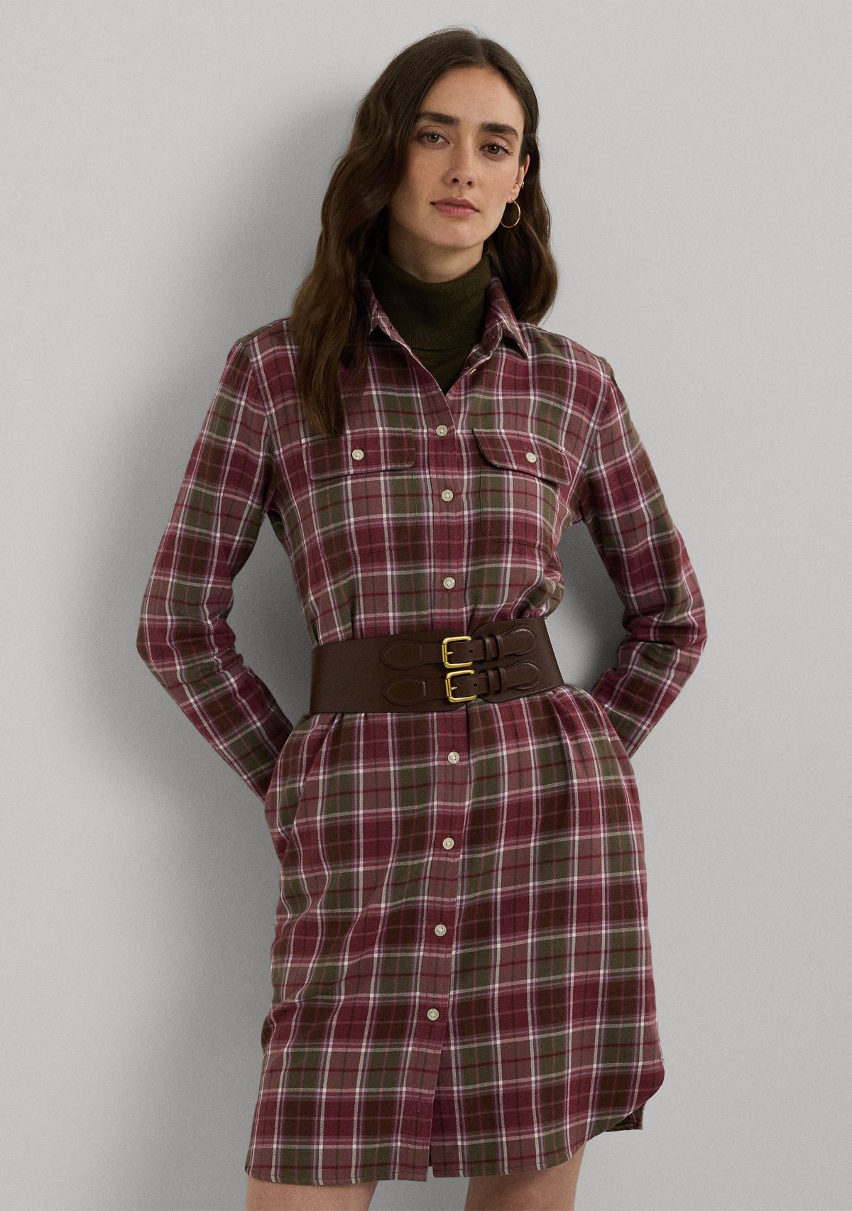 Womens Checked Plaid Belted Cotton Shirtdress