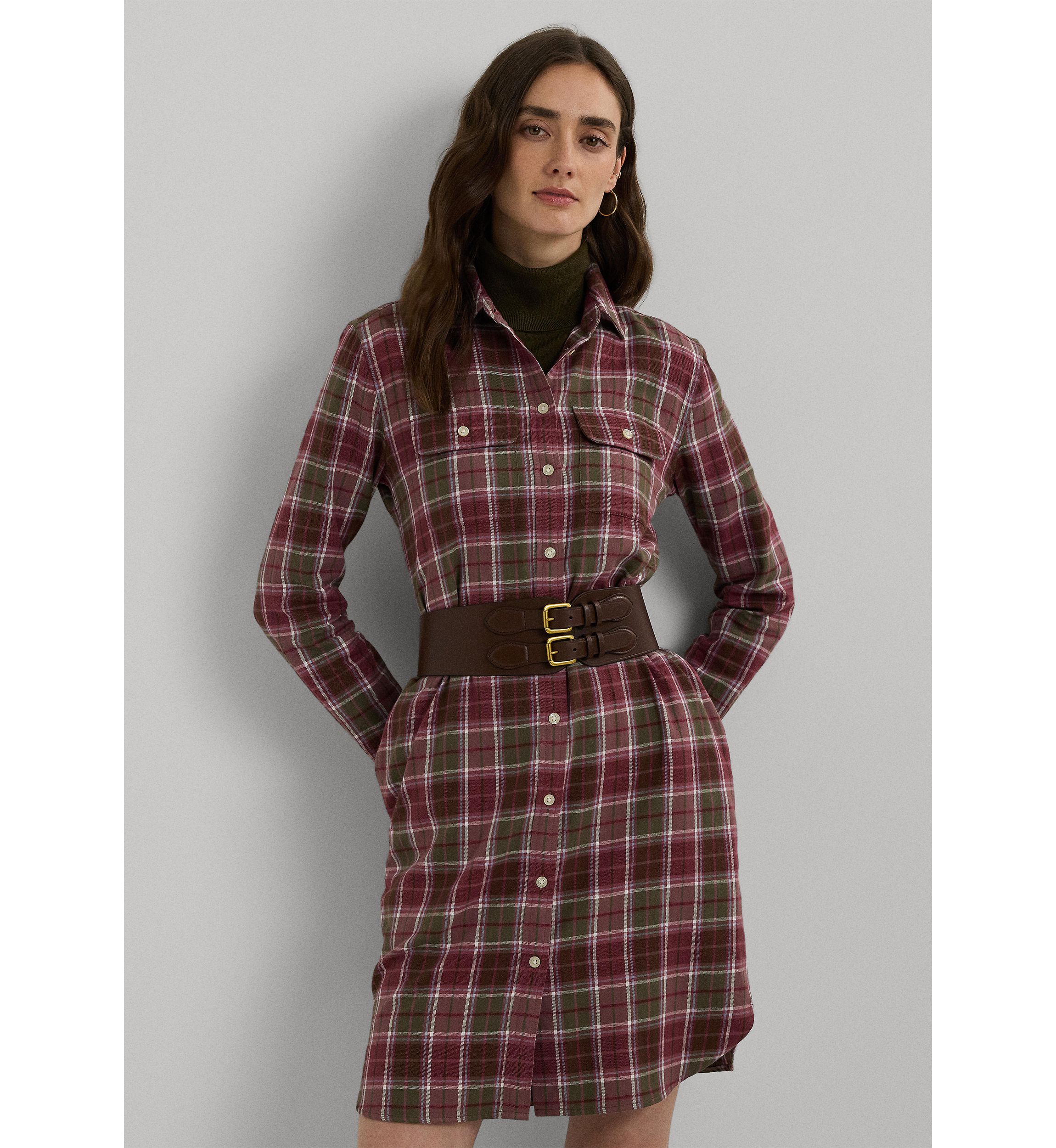 Womens Checked Plaid Belted Cotton Shirtdress