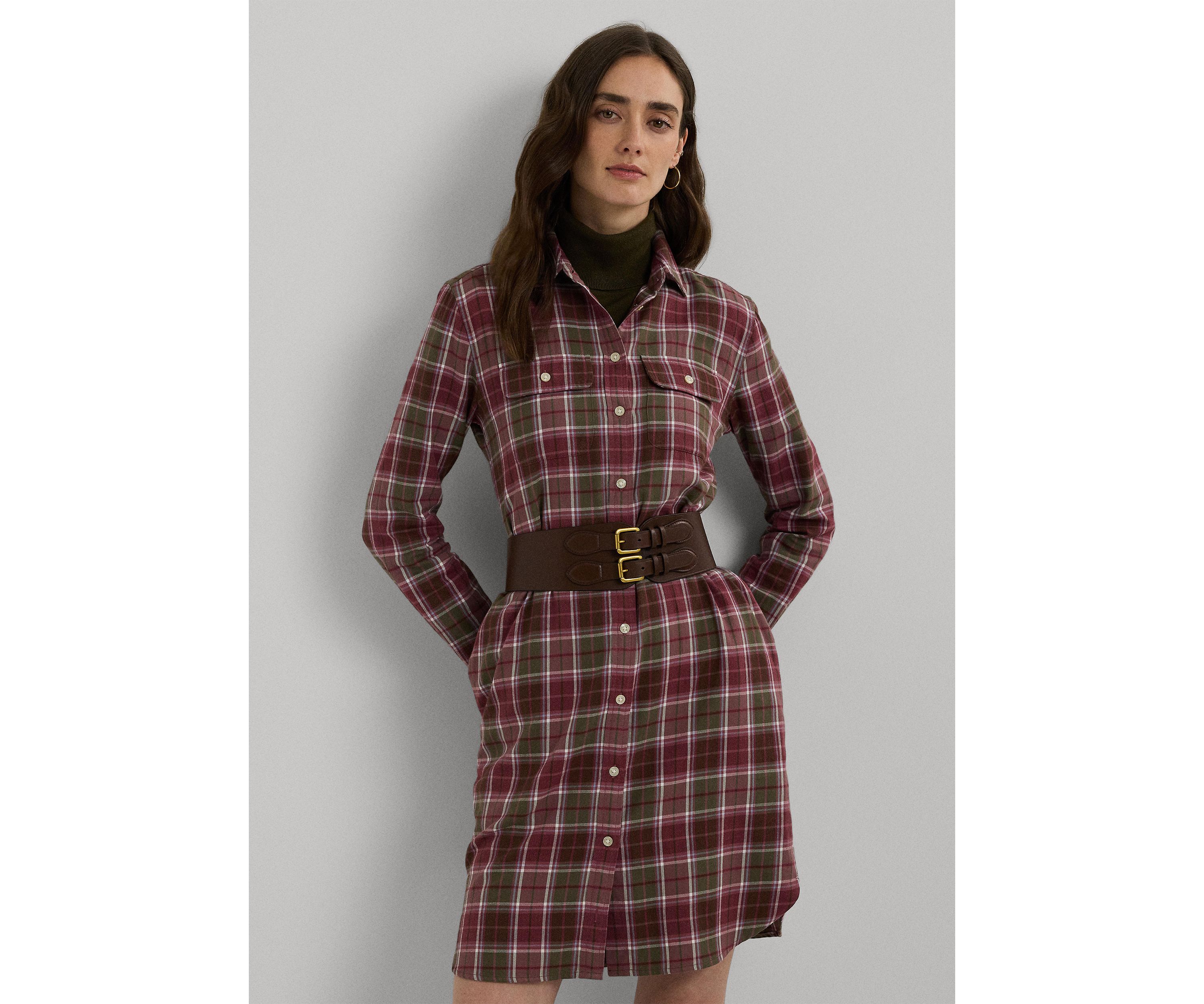 Womens Checked Plaid Belted Cotton Shirtdress