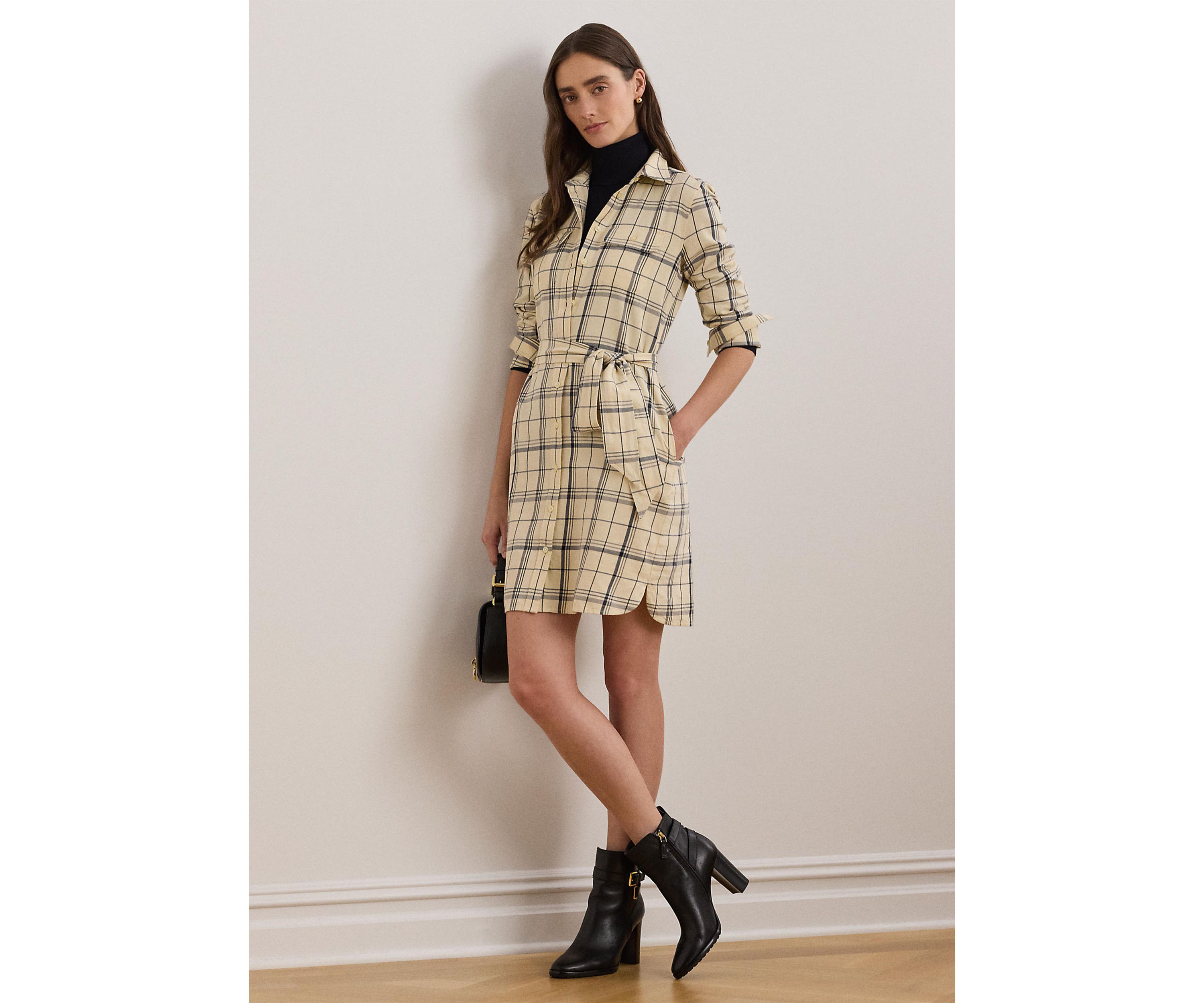Womens Plaid Belted Twill Cotton Shirtdress