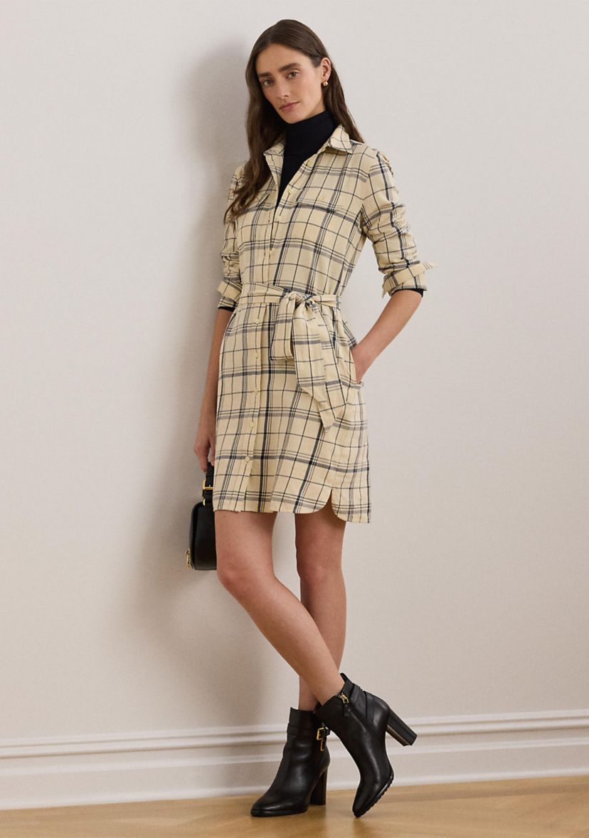 Womens Plaid Belted Twill Cotton Shirtdress