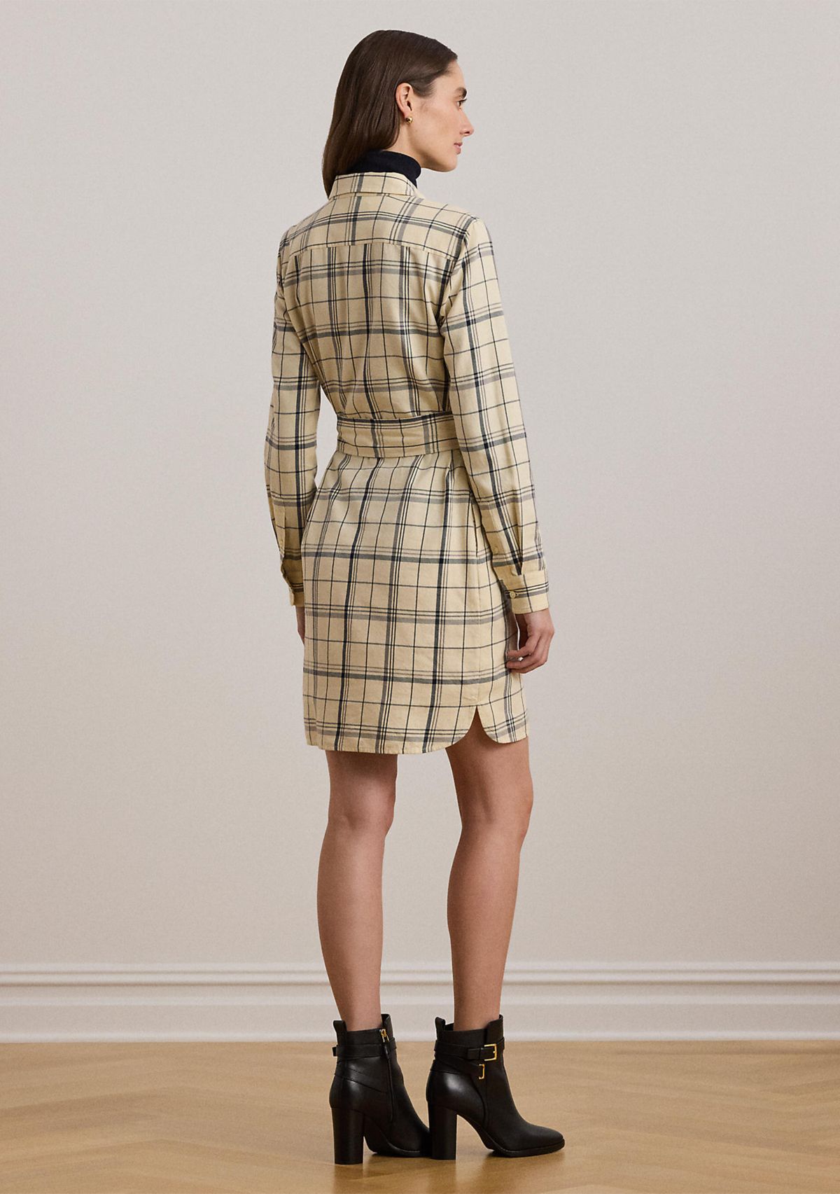 Womens Plaid Belted Twill Cotton Shirtdress