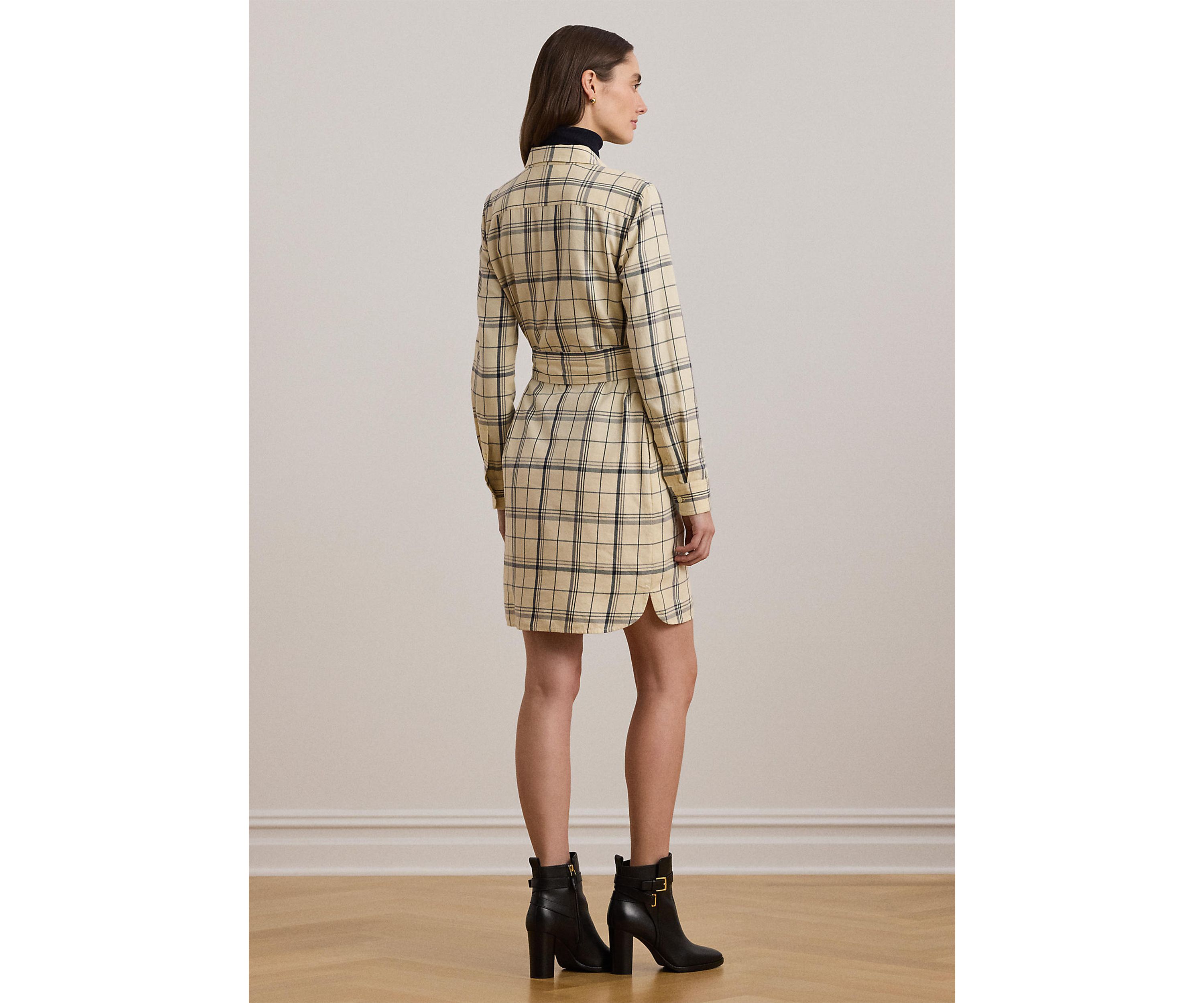 Womens Plaid Belted Twill Cotton Shirtdress