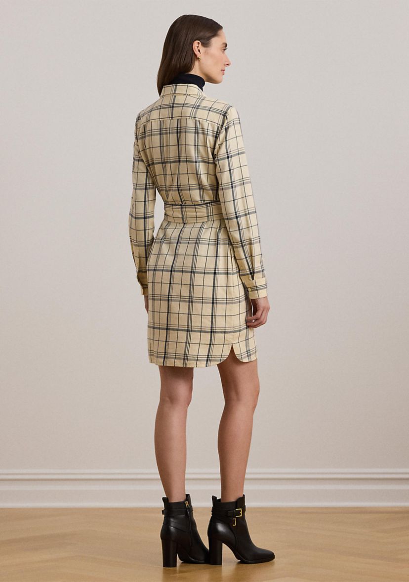 Womens Plaid Belted Twill Cotton Shirtdress