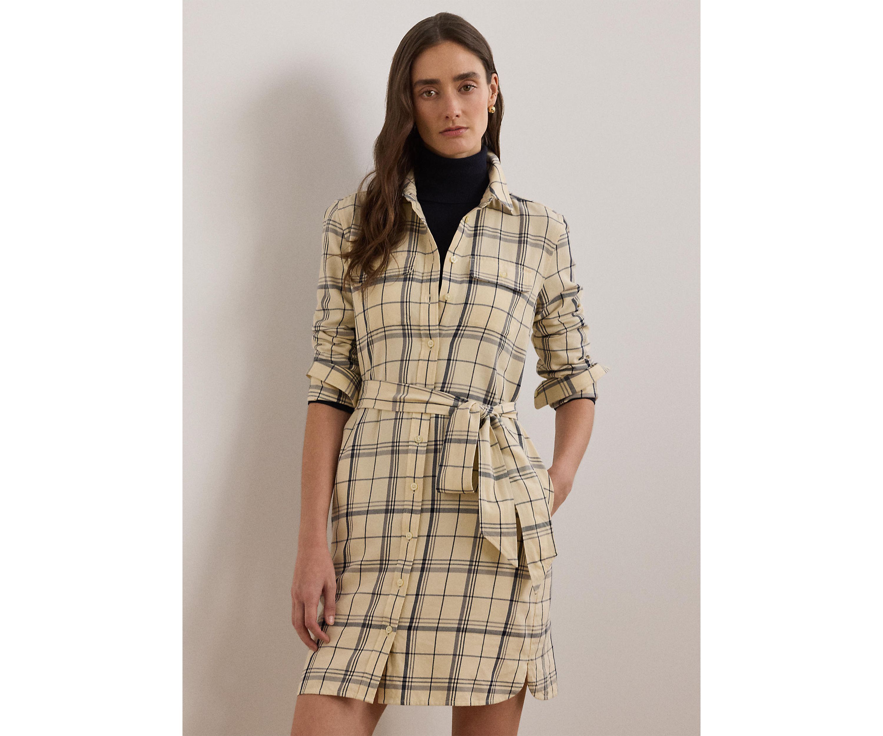 Womens Plaid Belted Twill Cotton Shirtdress