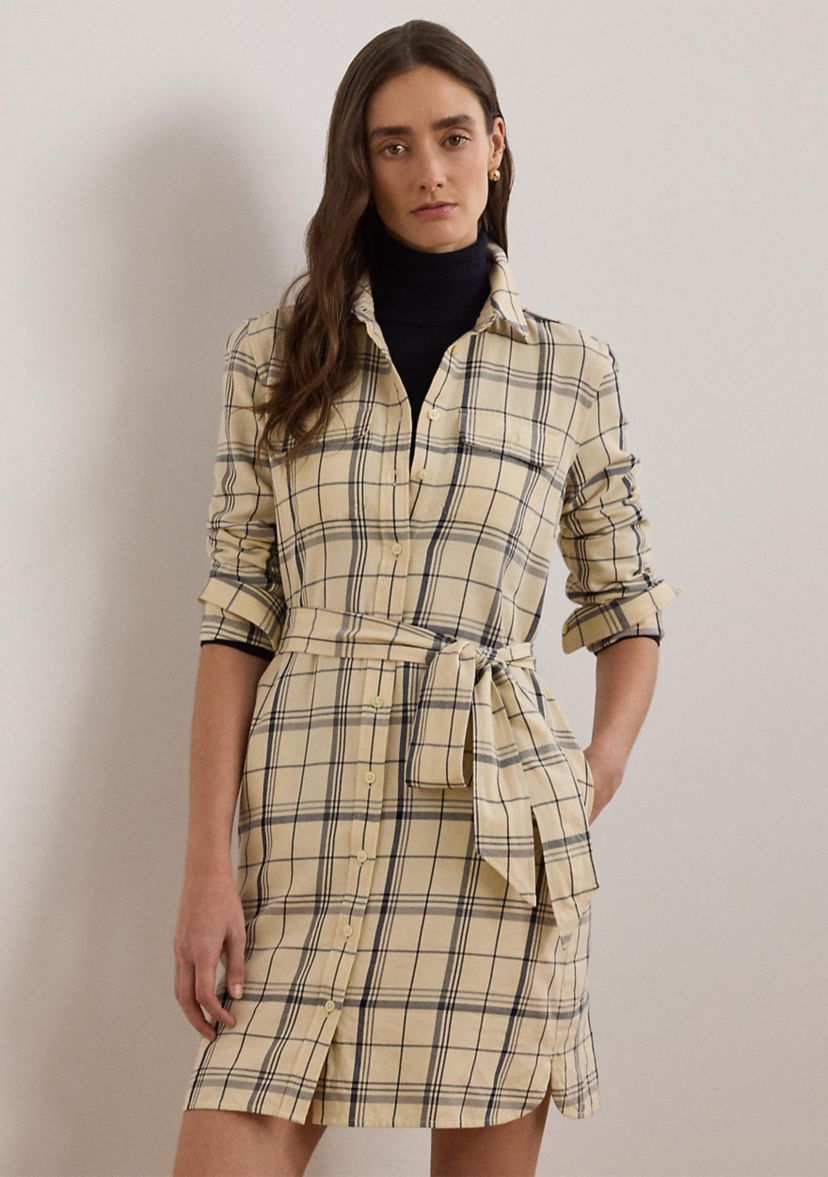 Womens Plaid Belted Twill Cotton Shirtdress