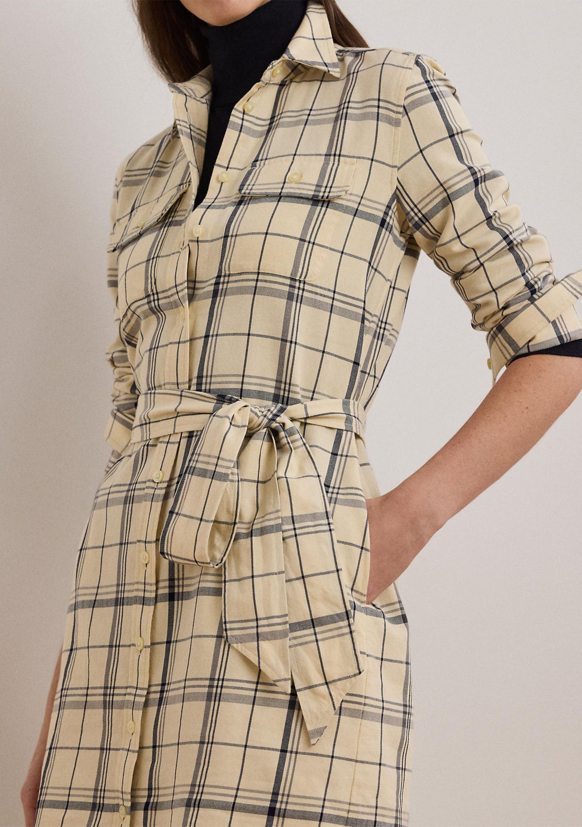 Womens Plaid Belted Twill Cotton Shirtdress