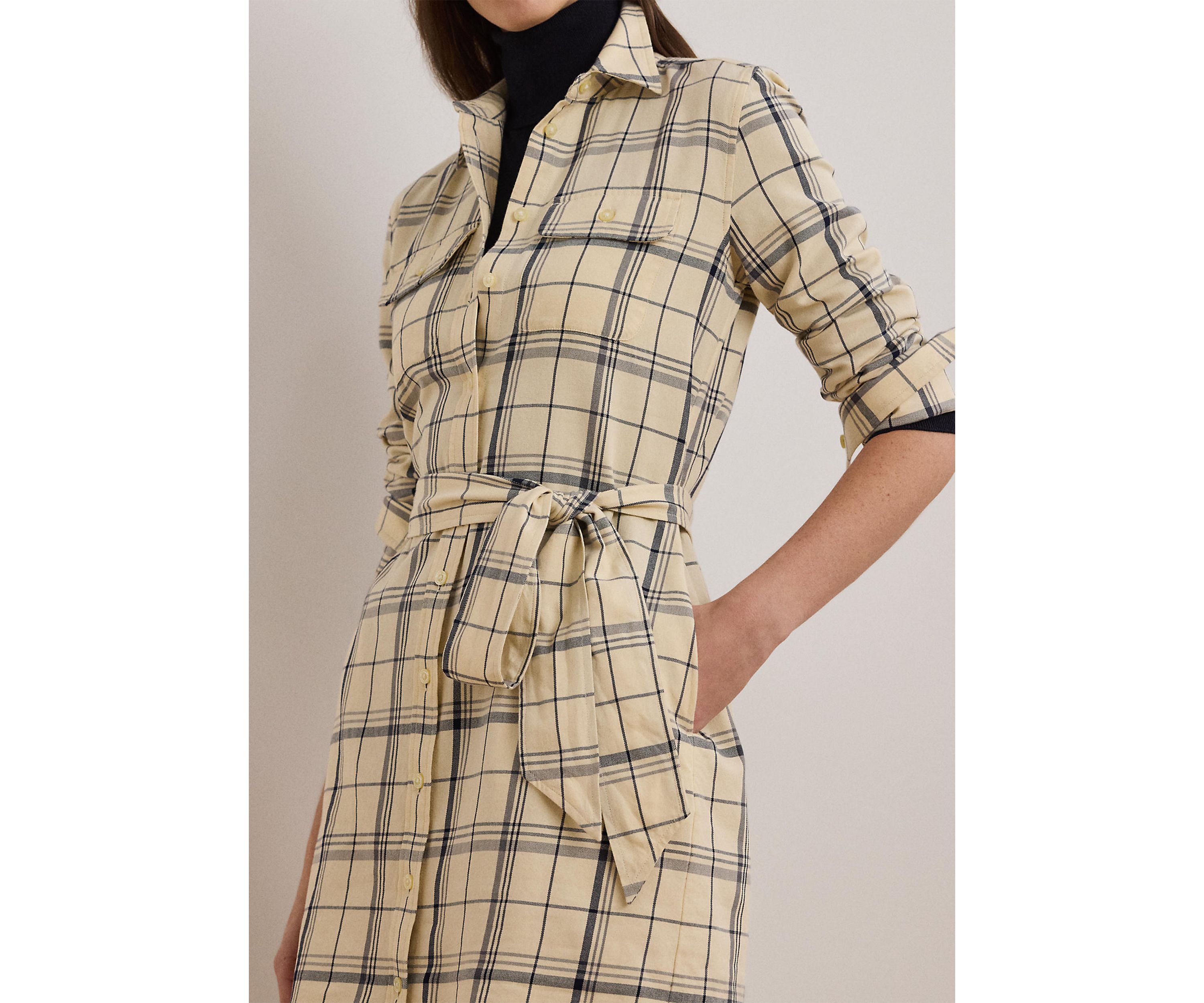 Womens Plaid Belted Twill Cotton Shirtdress